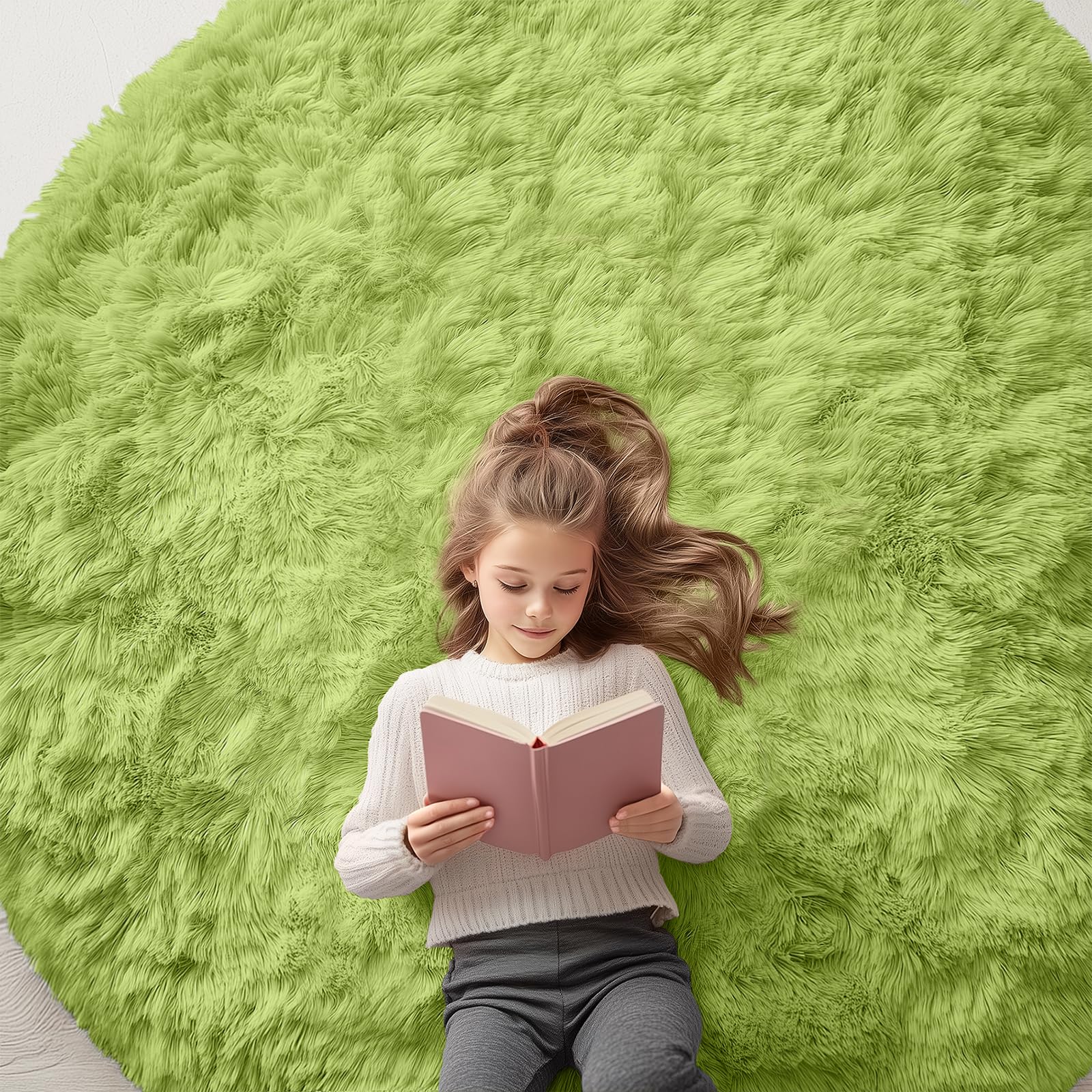 OLANLY Grass Green Round Rugs for Bedroom - Machine Washable, 6 ft Circle Area Rugs for Living Room, Soft and Fluffy Shaggy Carpet for Teen Girls and Boys, Nursery Rooms, Dorms, Home Decor Aesthetic