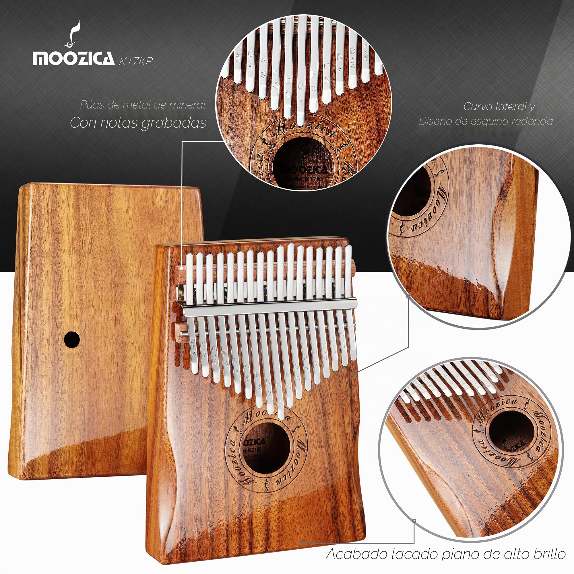 MOOZICA 17 teclas kalimba, instrumento musical de piano de pulgar profesional de madera maciza de koa (Koa-K17K)