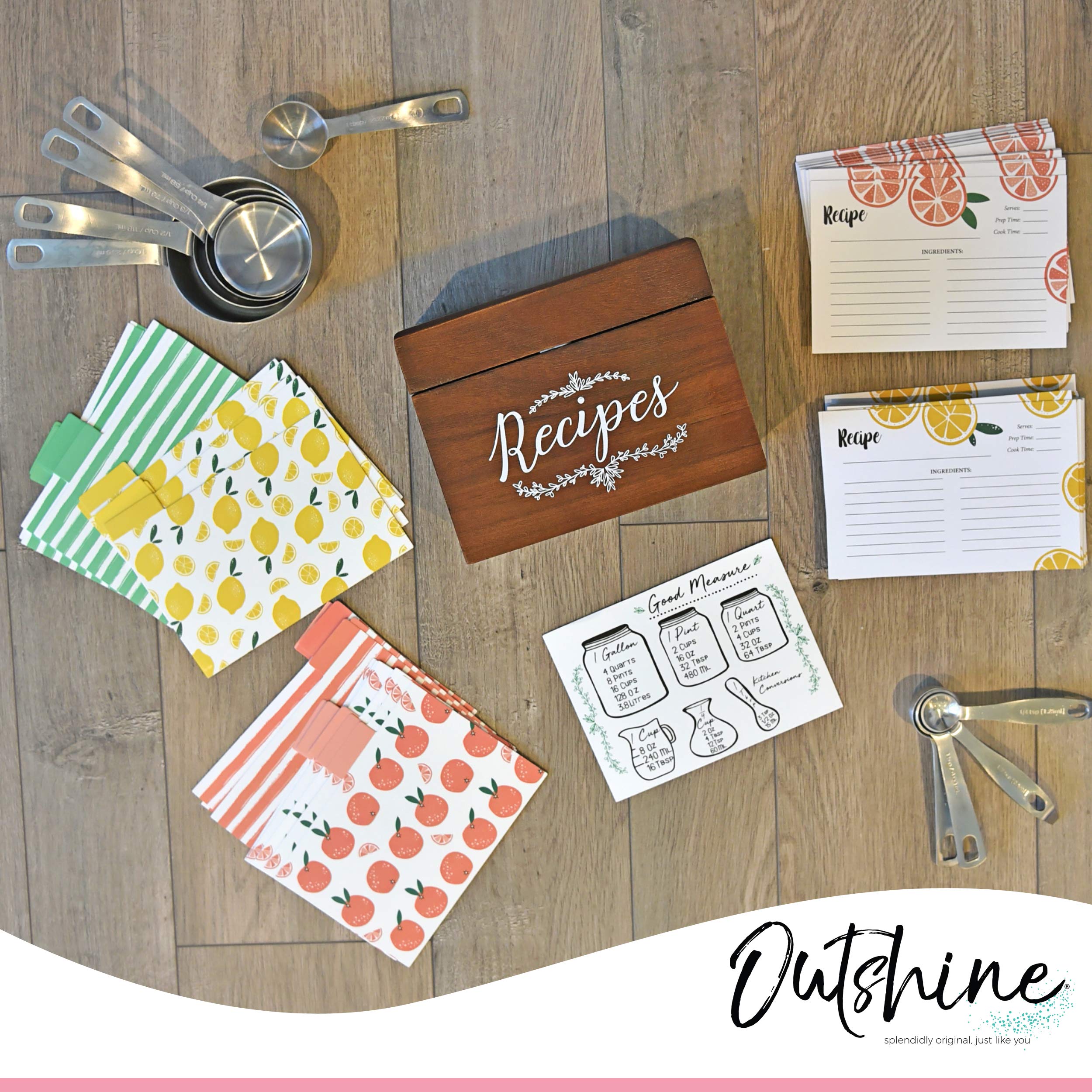 Outshine Brown Wooden Recipe Box with Cards and Dividers Farmhouse Wood Recipe Card Box