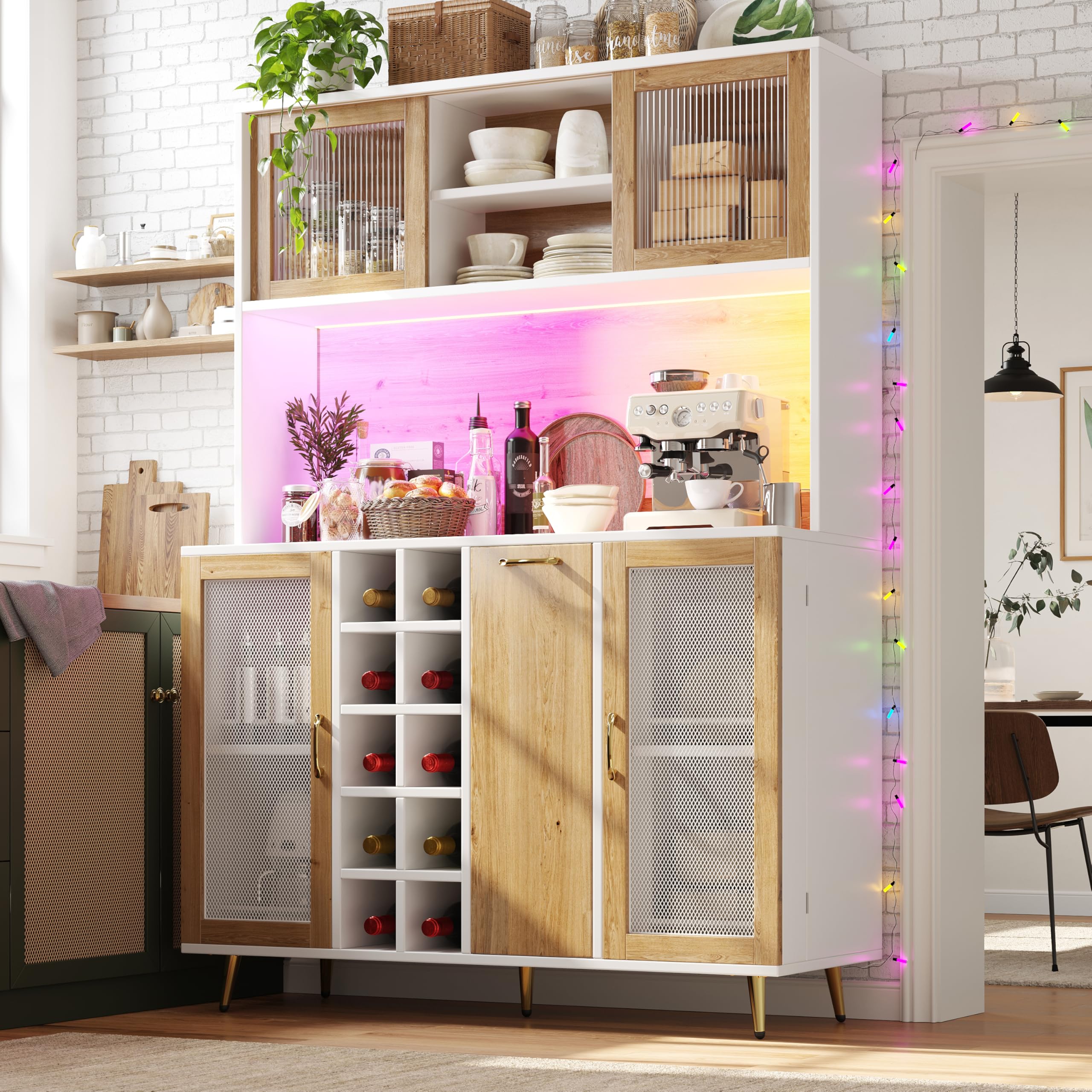 Multifunktions-Küchenschrank mit LED-Beleuchtung und Integrierte Steckdose, Hochschrank mit Weinregal und Snackregal, Buffetschrank mit 5 Türen und Offene Regale, Weiß-C, 120x40x170 cm