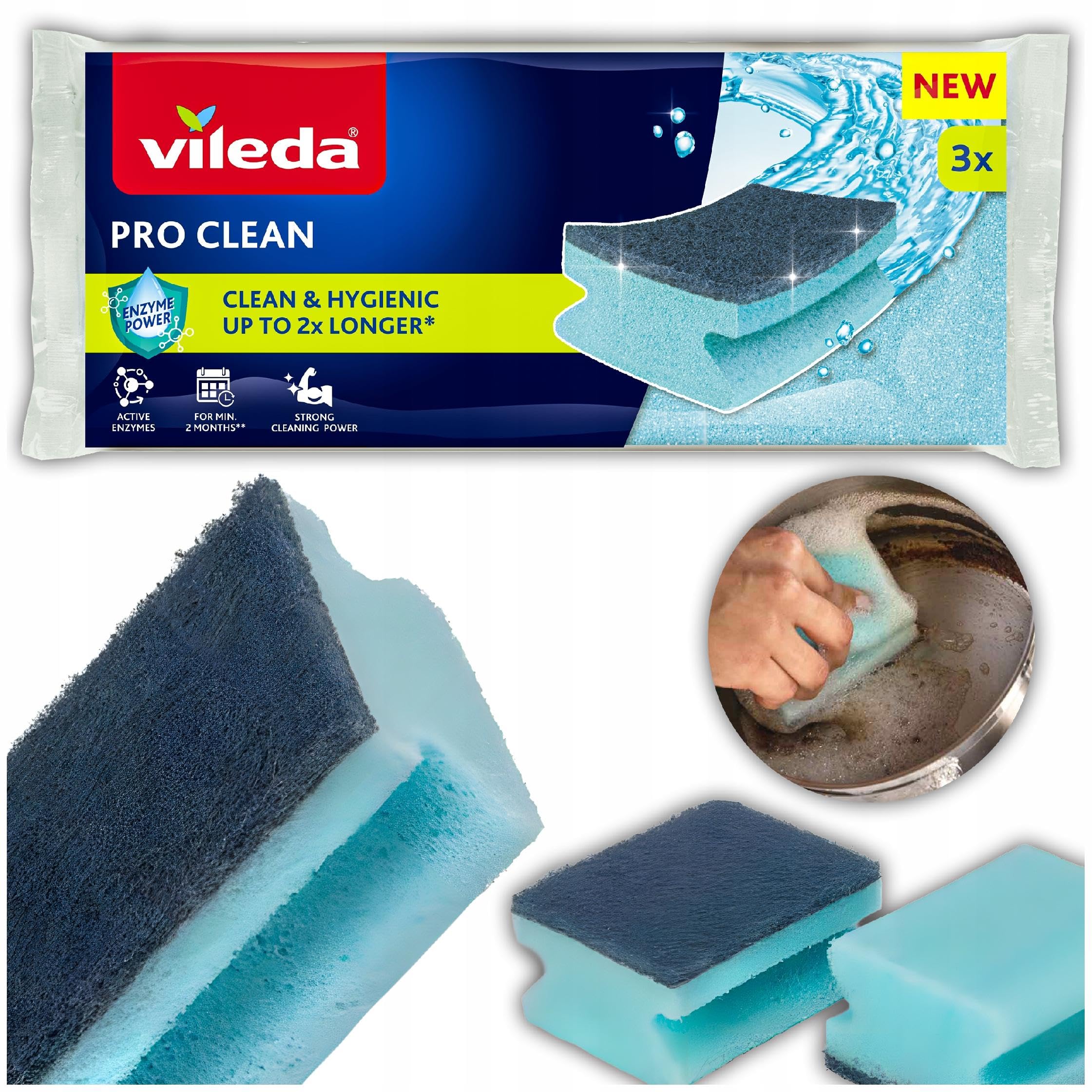 Vileda Pro Clean Zmywak z enzymami gąbka do czyszczenia, zmywania i sprzątanaia 3 szt.
