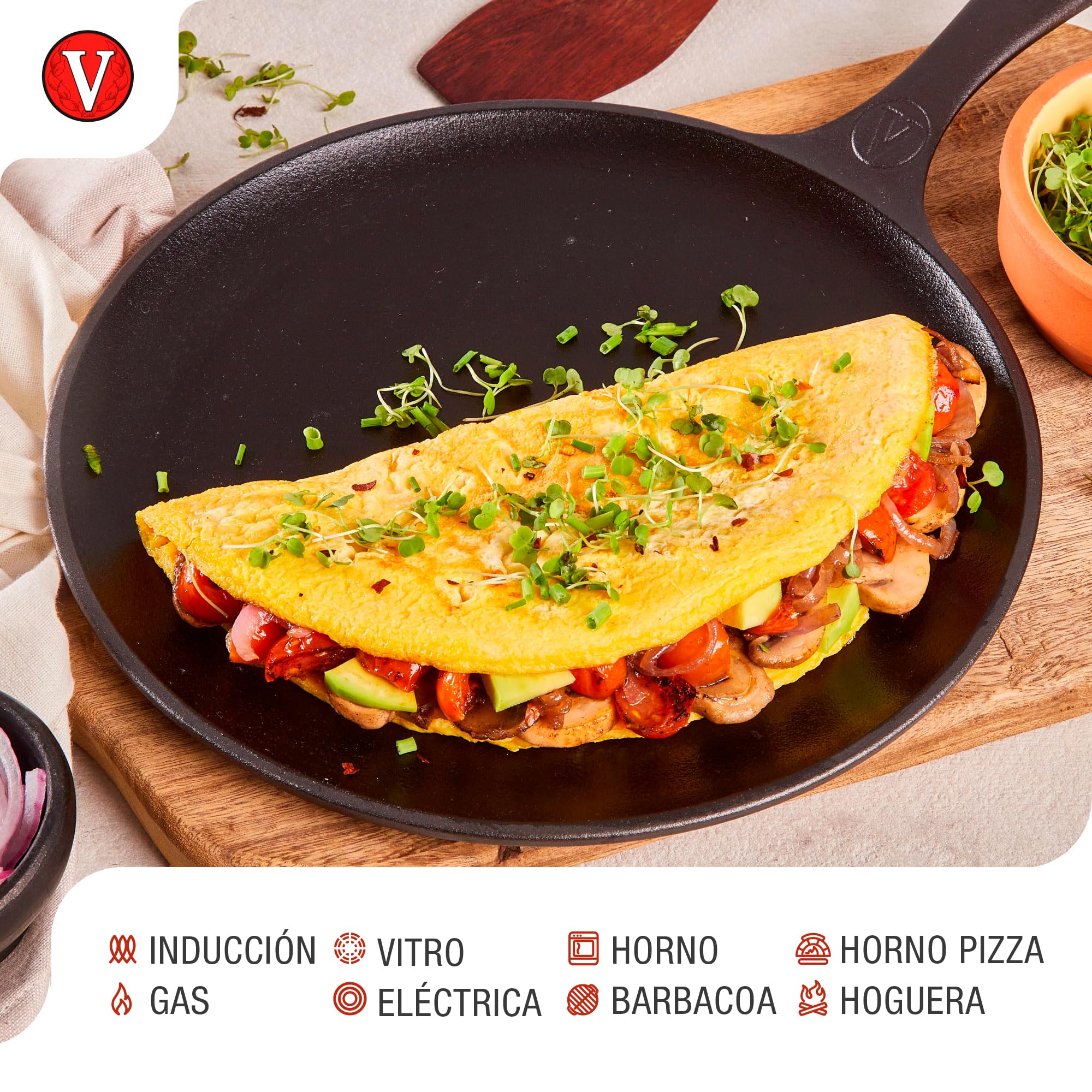 VICTORIA Plancha Cocina Inducción Comal Hierro Fundido Esmaltado para Pizza, Tortillas 26,6cm, Fuego, Barbacoa, Horno, Vitrocerámica, Gas, Sartén Libre de Tóxicos sin PTFE
