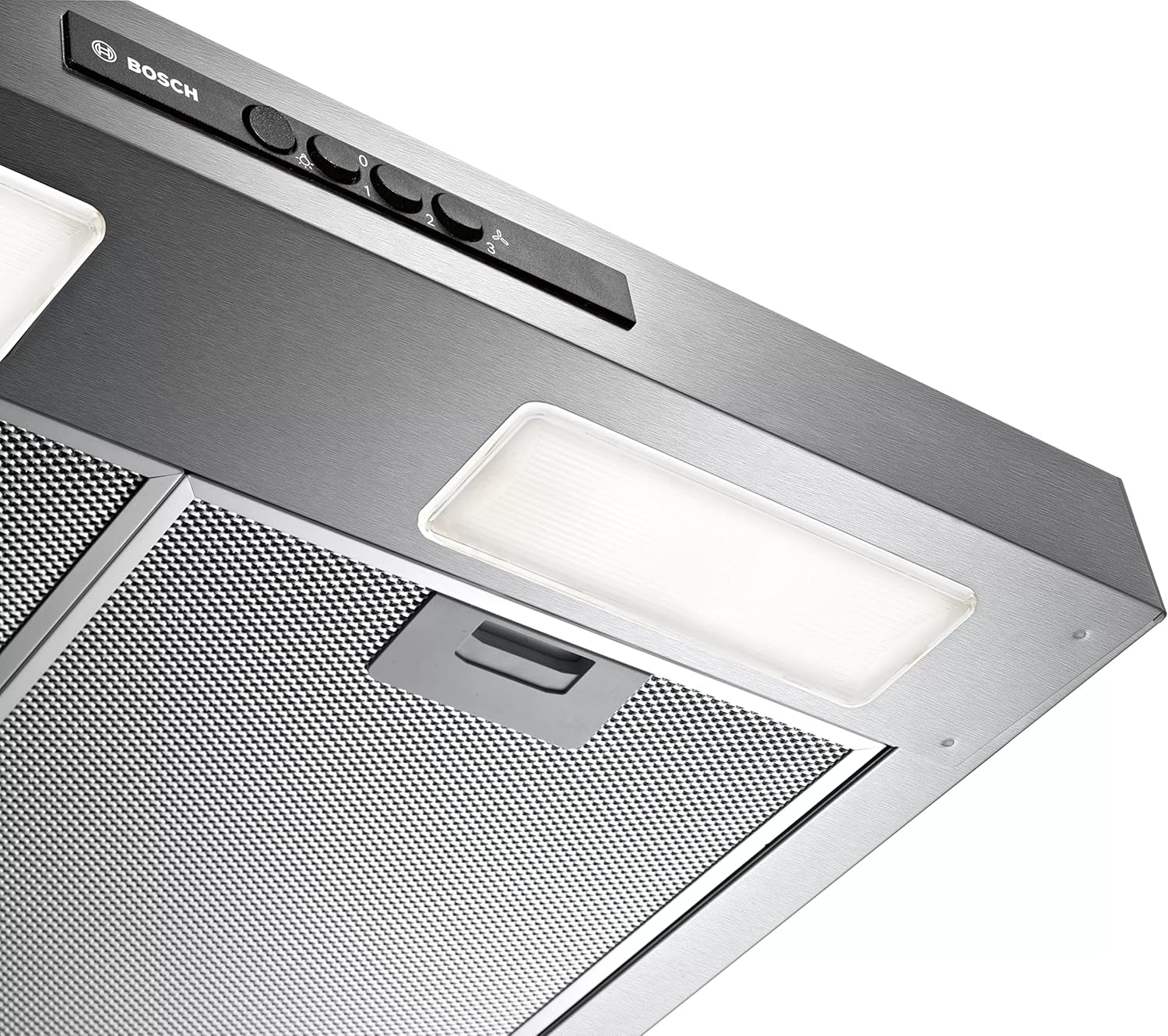 Controls close-up on the Bosch DWB06W452T chimney hood.