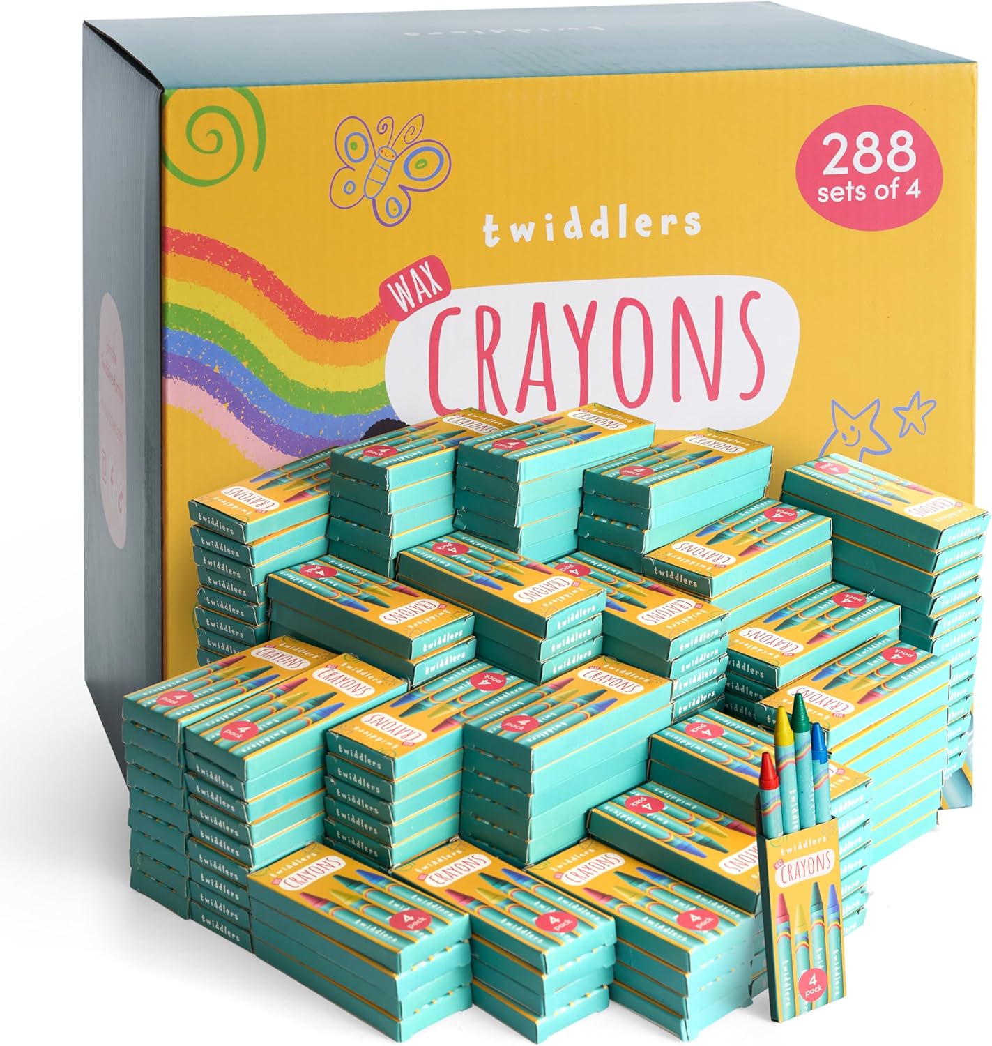 THE TWIDDLERS 288 Sets of 4-Packs (1,152 Bulk Crayons) Non-Toxic Individual Box for Kids, Back to School Supplies, Classrooms, Restaurants Bulk Crayons Coloring Activity, Party Bag Fillers 288 Pack