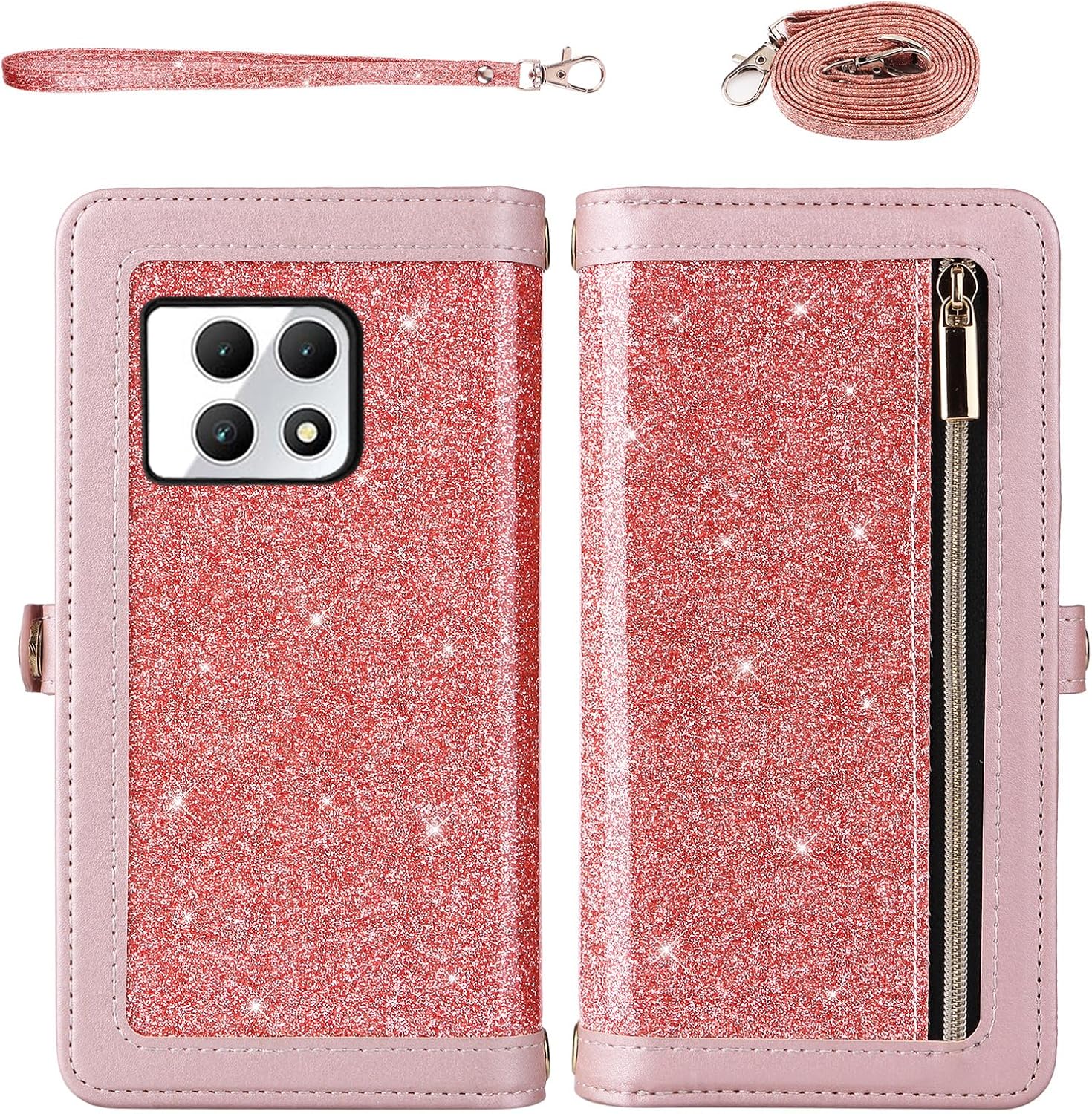 Asuwish Phone Case for T-Mobile Revvl 7 5G Zipper Wallet Cell Cover with Screen Protector Lanyard Strap Bling Glitter Flip Card Holder Slot Tmobile Revvl7 T Mobile Revel Tmo Revell Rebel Women Pink