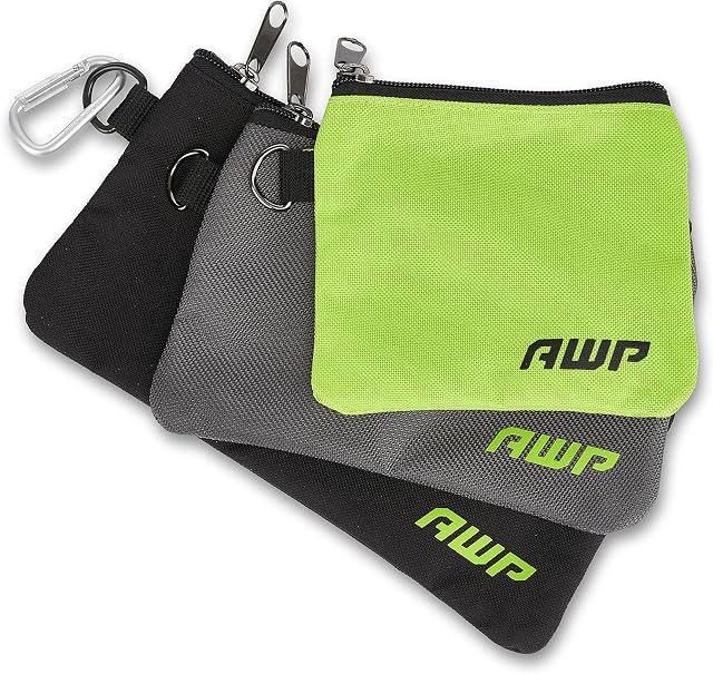 AWP Bolsa de ferramentas de acessórios pacote com 3 | Organização e armazenamento de peças pequenas e fixadores com mosquetão para bolsas de ferramentas/cintos verde/cinza/preto