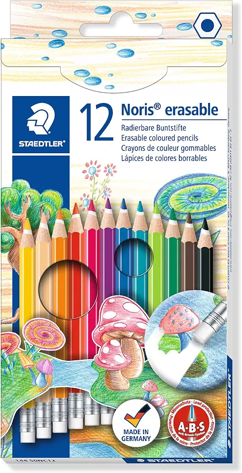 STAEDTLER Lápis de Cor Apagável Noris 144 50NC12 – Estojo com 12 Cores, Com Borracha na Ponta, Mina Apagável e Resistente, Ideal para Colorir com Liberdade