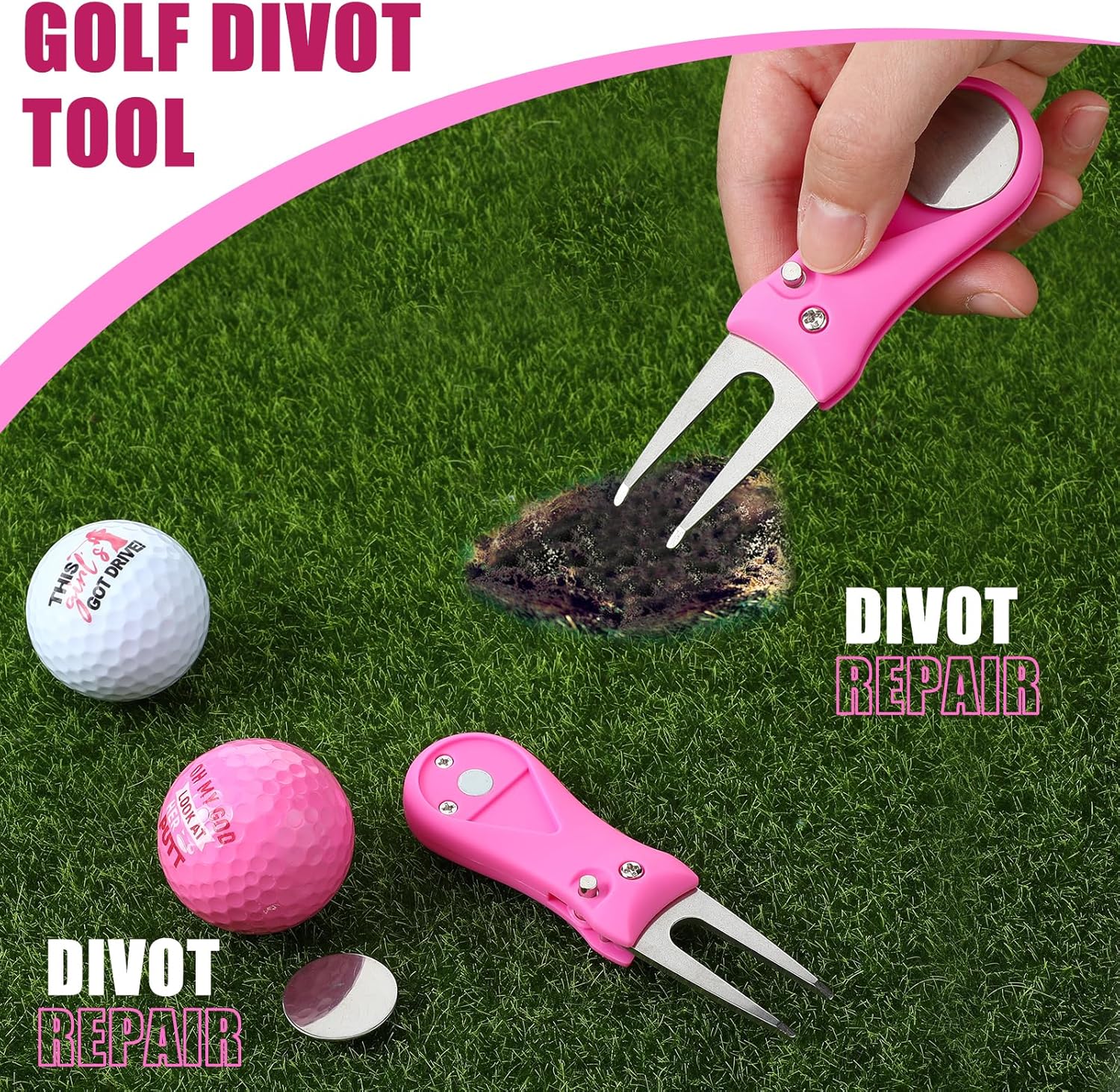21 Pcs Christmas Pink Golf Accessories Kit Include Woman Golf Towel Balls Tees Cleaner Brush Divot Tool Retractable Clip Bag Pens Hat Clips Timepiece Scriber Gifts for Women Mother's Gift - Image 4