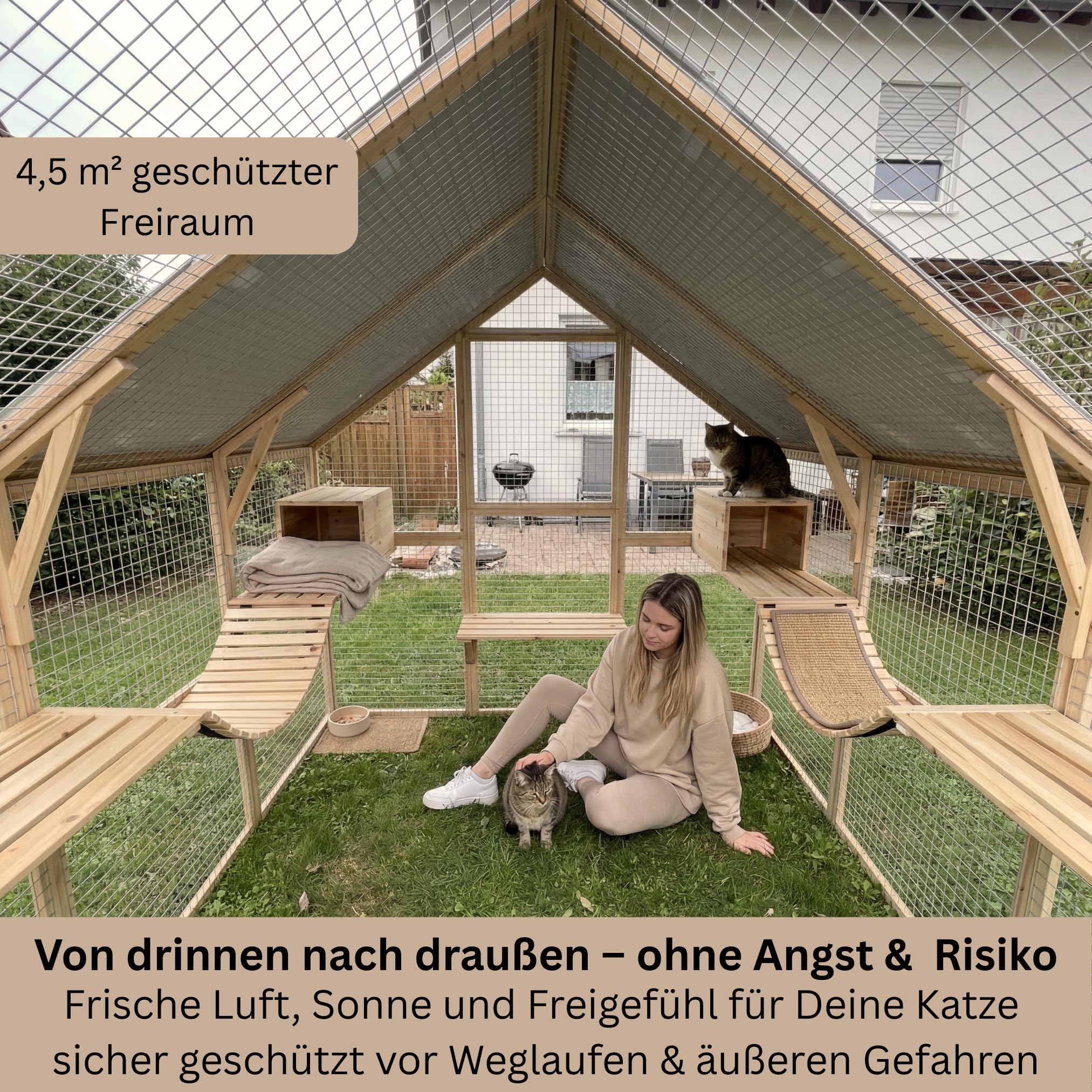 Katzengehege Outdoor XXL – Katzenauslauf und Freilaufgehege für Garten | Massives Holz, 2 mm verzinktes Stahlgitter, begehbar durch große Tür, wetterfest, inkl. Schutzhäuschen, auch für Terrasse