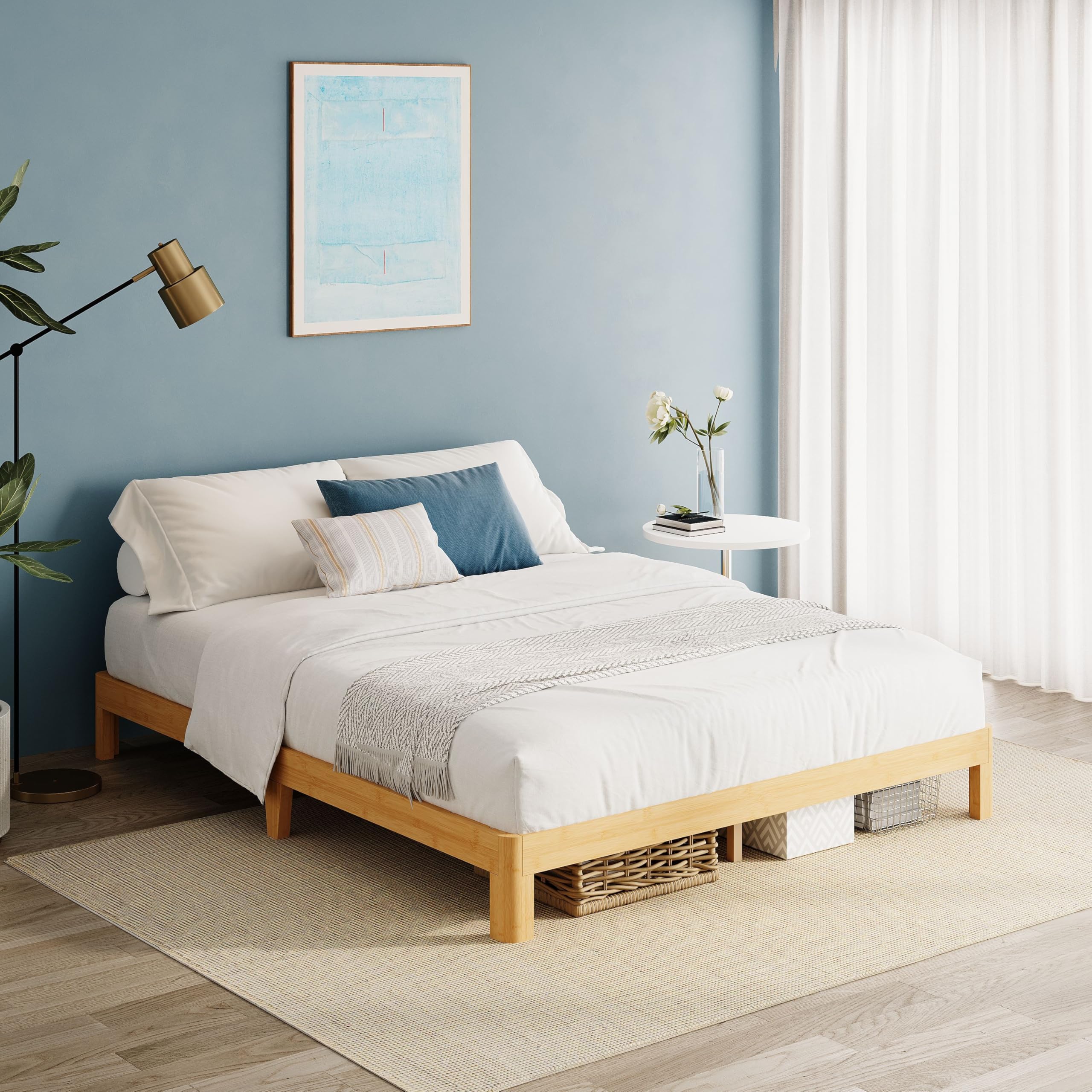 QFtime Bamboo Wood King Size Bed Frame with Metal Slats Support, Platform King Bed Frame, Easy to Install, Noise Free, Sturdy, 25.4 cm High