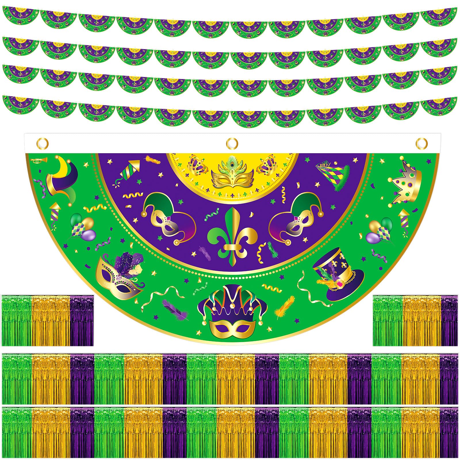 Yuxung 9 piezas de decoración de flotador de desfile, incluyendo 5 piezas de bandera plisada de 20 pies con flecos de media bandera, 4 banderines de bandera (Mardi Gras)