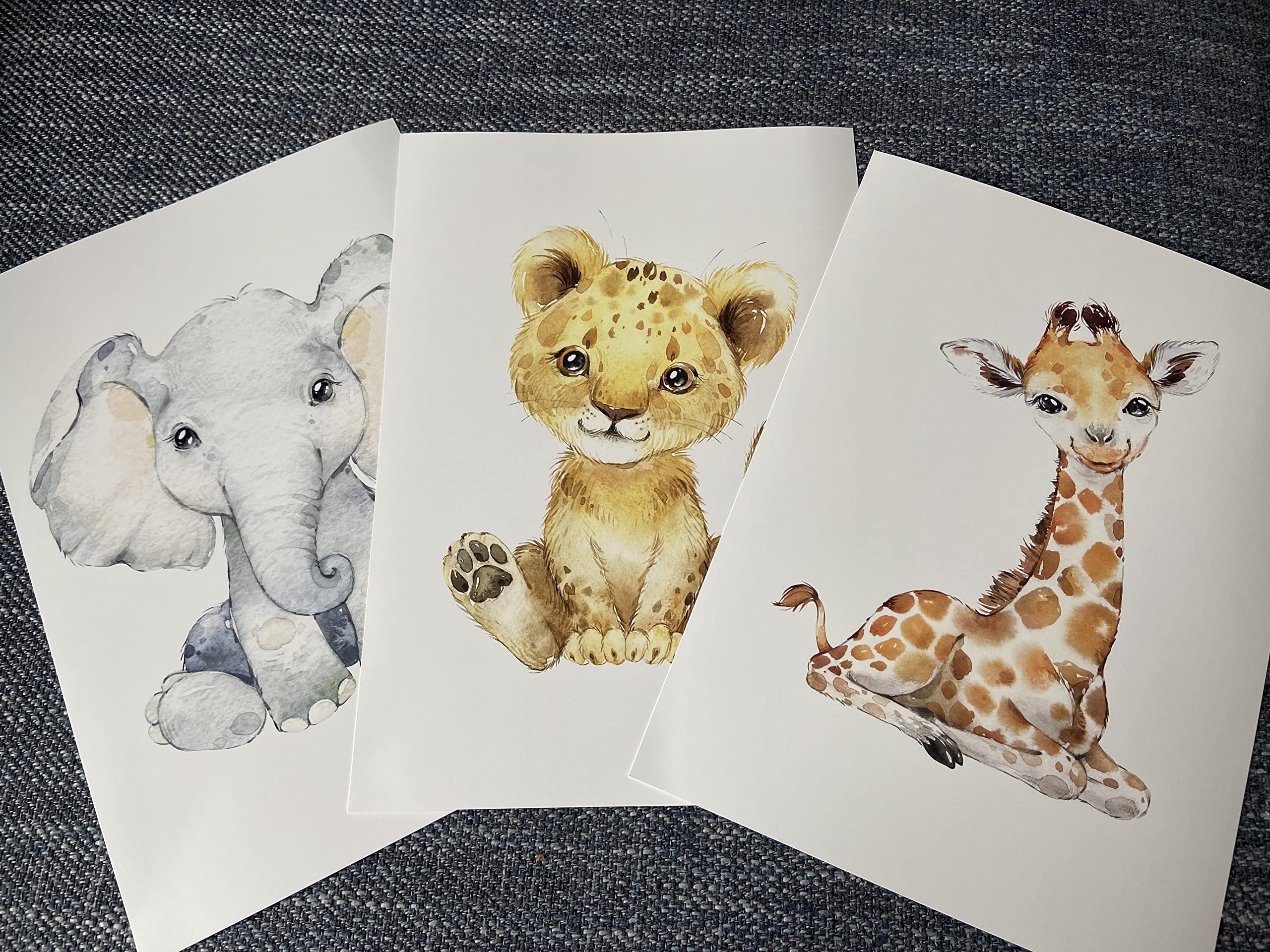 Safari Animals Baby Girl or Boy Nursery Set of 3 Unframed Wall Art Prints, Full Body Baby Animals in Color, Child Bedroom Nursery Decor Posters, Elephant Lion Giraffe (11x14)