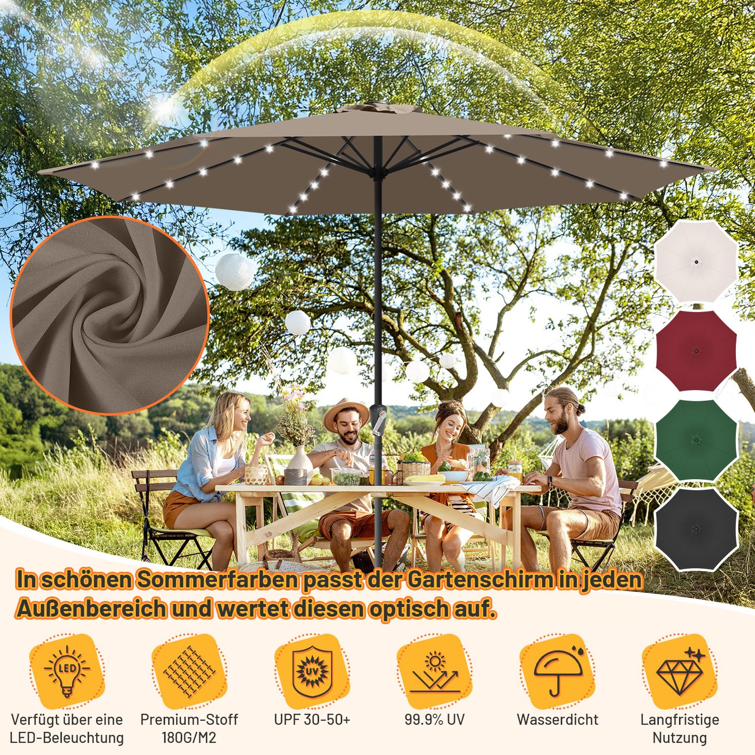 Sombrilla 350/270 cm, UV50+, sombrilla con manivela, tejido de poliéster de 160 g/m², sin base, gran sombrilla para piscinas, balcones y jardines, con LED/sin LED