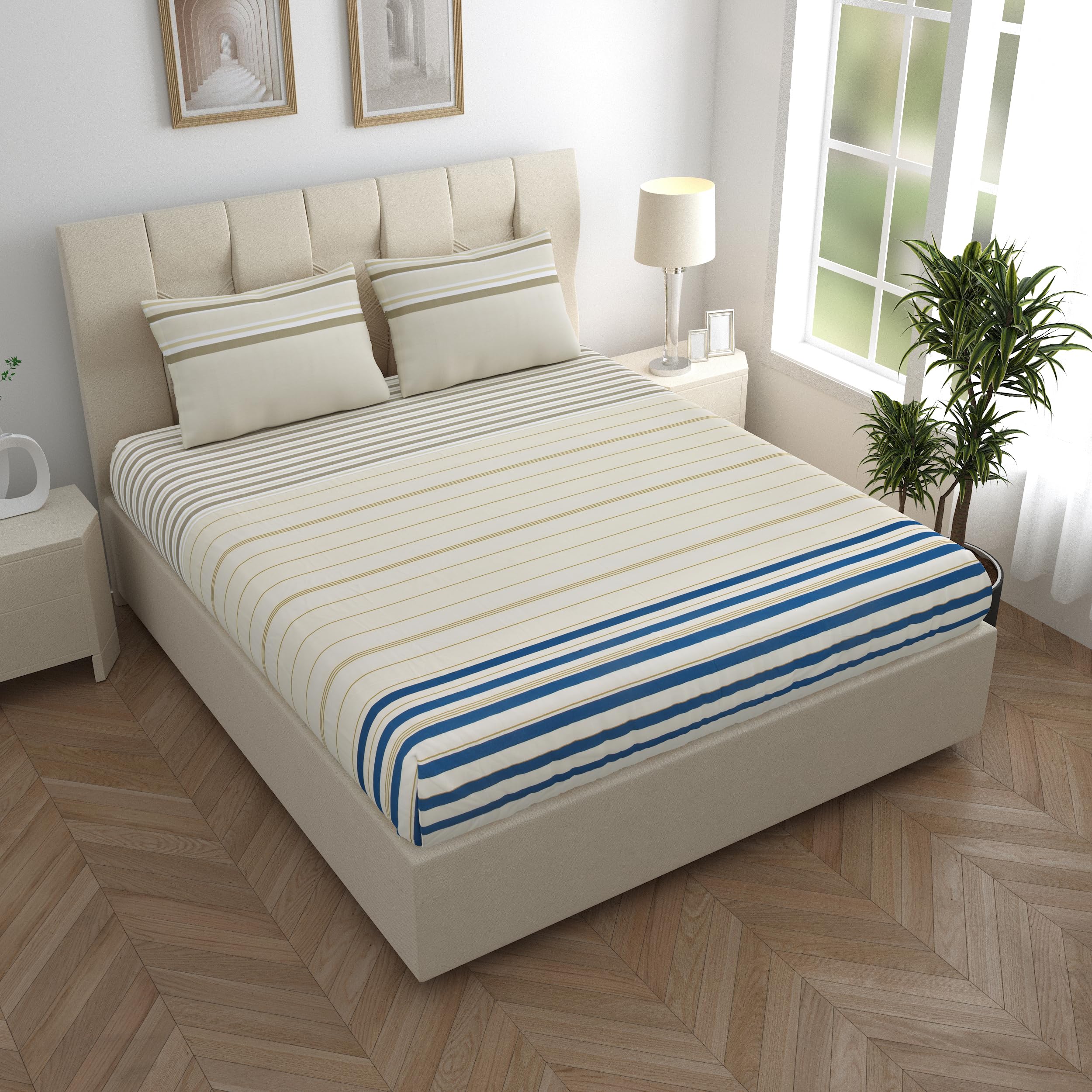 LINENWALAS 100% Pure Cotton Fitted Bedsheets For Single Bed - 200 TC Crisp & Soft Elastic Printed Bed Sheet Fits 6"-12" Mattress (36"X78" Single, Serene Stripes),Multicolour-image-34