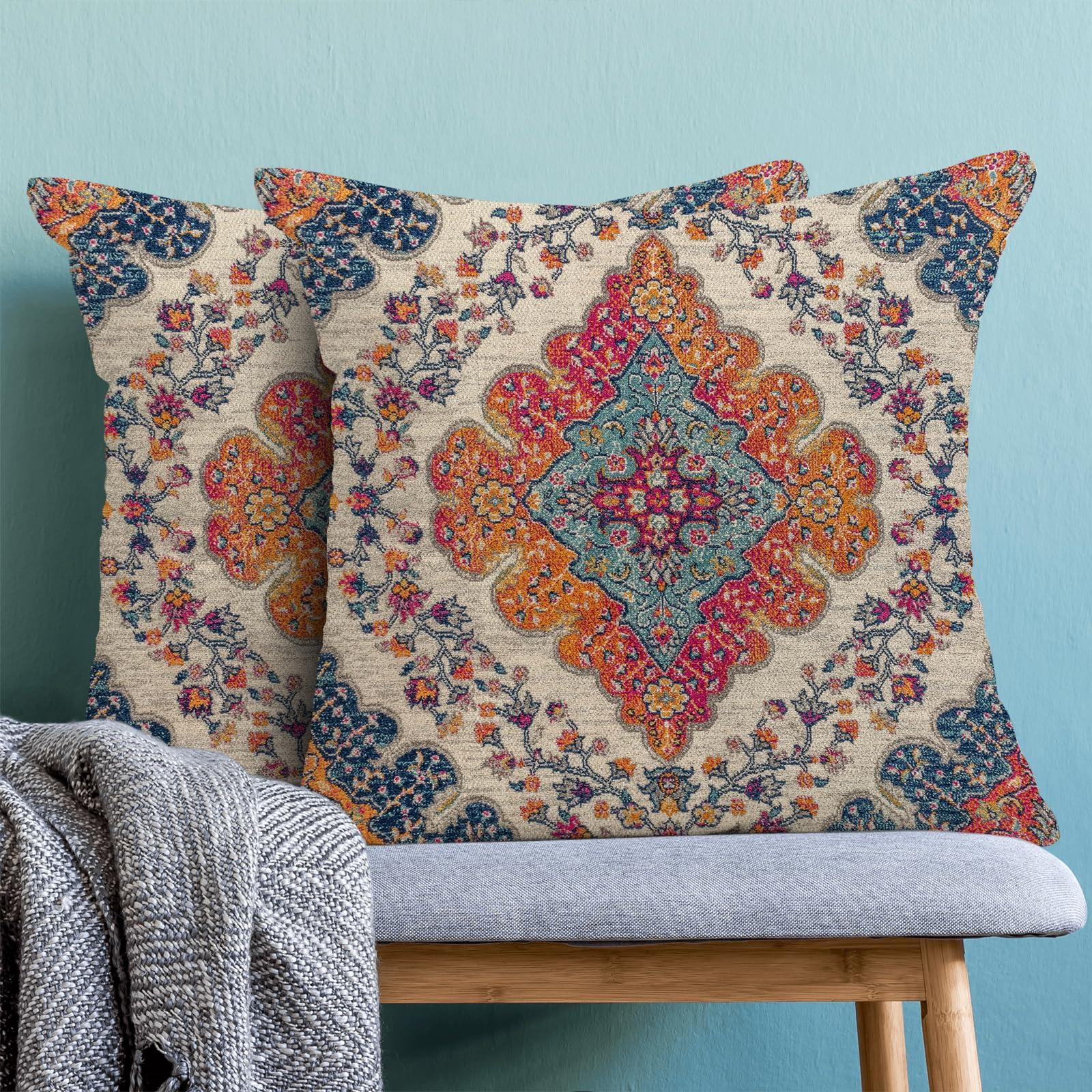 BETGINY Boho-Kissenbezüge 2er Set – 45x45 Cm, Gebranntes Orange/Beige, Ethnisches Design, Polyester-Leinen