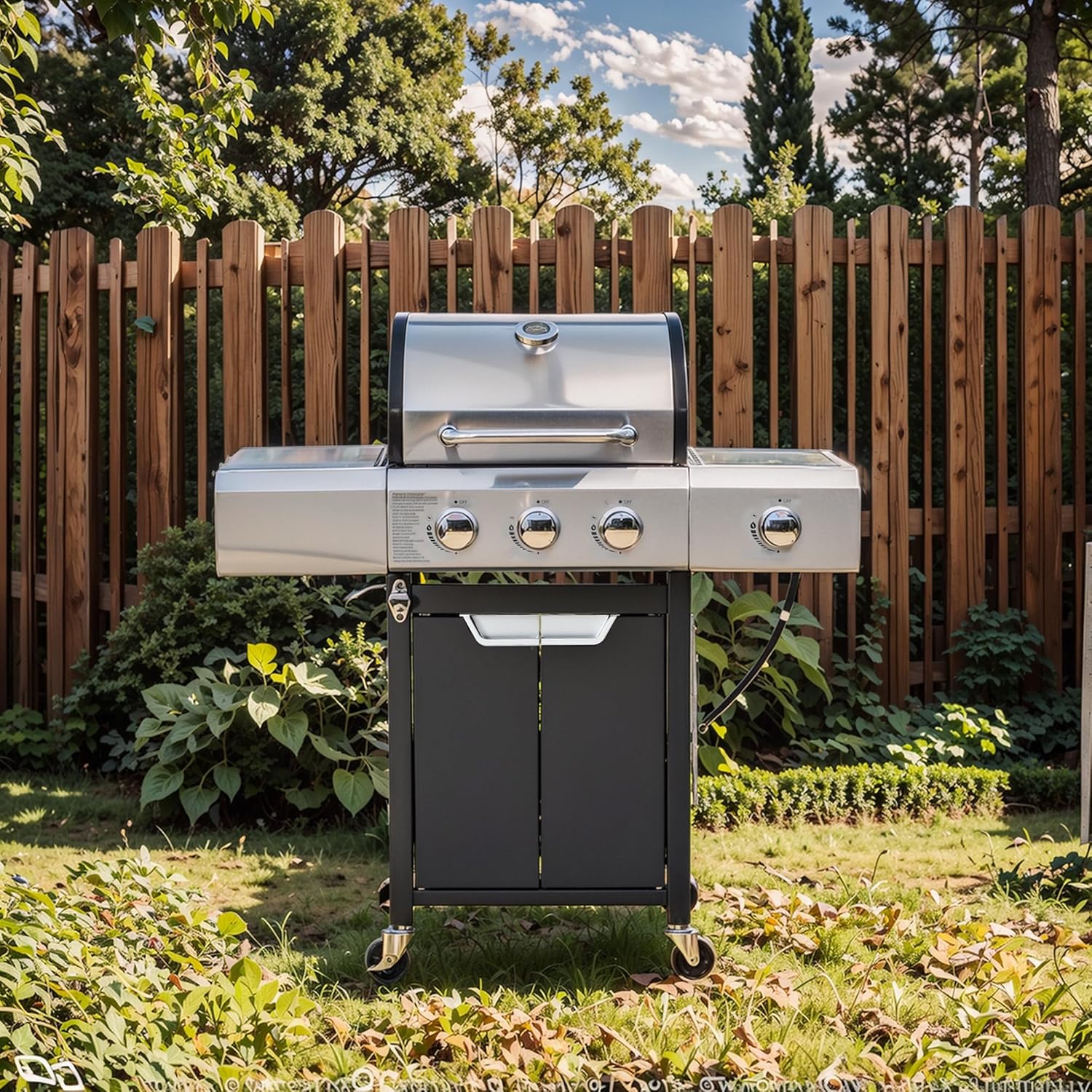 3 Burner BBQ Propane Gas Grill, Stainless Steel Barbecue Grill with Two Foldable Shelves Kitchen, Garden and Patio Backyard Barbecue Small Grill Ideal for Outdoor Cooking