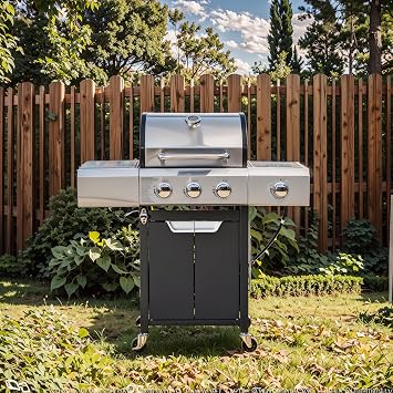 KUIKUI Propane BBQ Grills, 3 Burner Gas Grill, Propane Grill with Side Burner Stainless Steel 40500 BTU Barbecue Grill for Outdoor BBQ, Camping