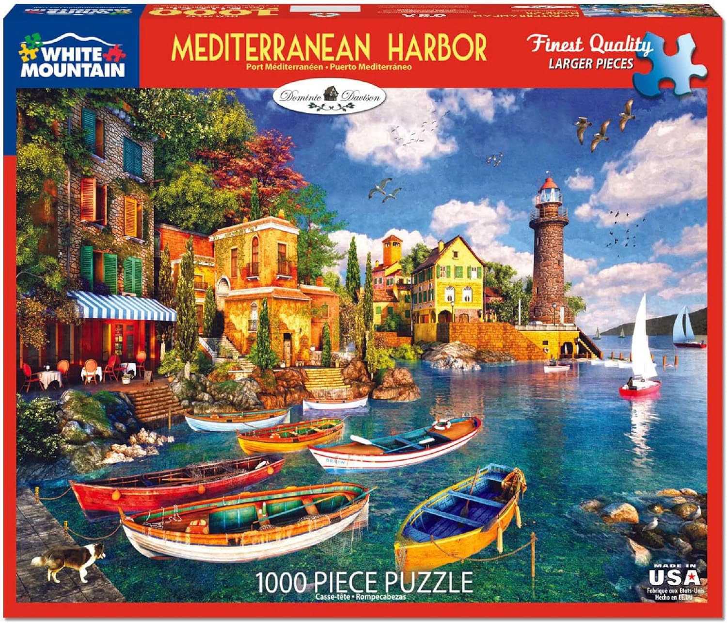 White Mountain 1000 Piece Jigsaw Puzzle Scenic Coastal Boats Puzzles with Large Pieces for Adults and Family 24"x30" - Mediterranean Harbor