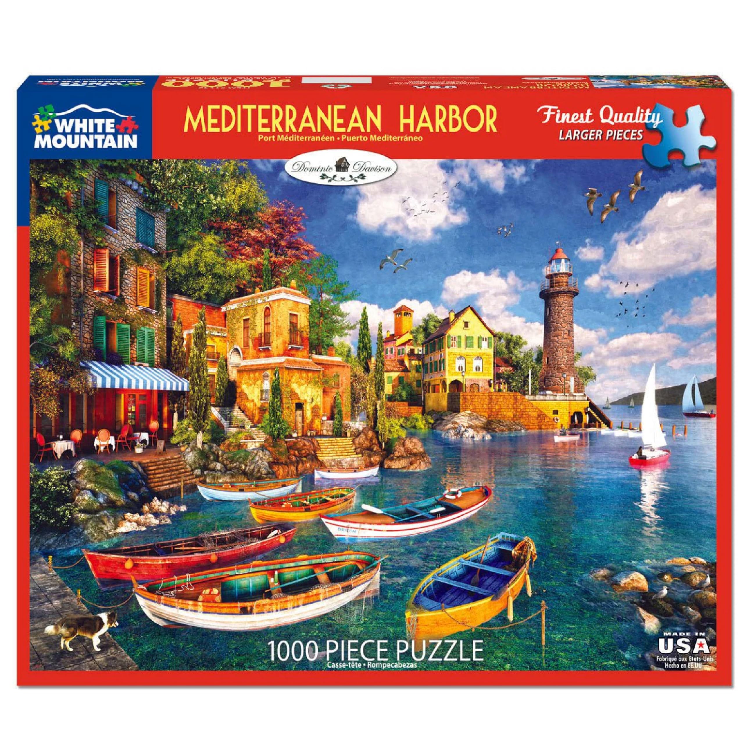 White Mountain 1000 Piece Jigsaw Puzzle Scenic Coastal Boats Puzzles with Large Pieces for Adults and Family 24"x30" - Mediterranean Harbor