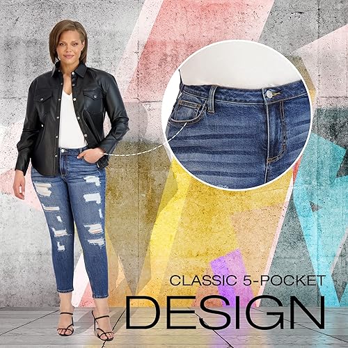 Miniatura 7 de Jeans rasgados de talla grande para mujer, jeans elásticos con dobladillo con puños, pantalones de cintura alta para mujer
