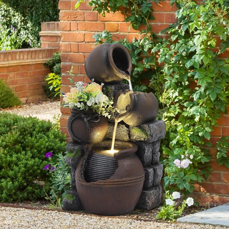 TITIMO Outdoor Water Fountain with Flower Pot and LED Lights | Cascading Pitchers Farmhouse Fountains and Waterfalls, Garden Fountain Patio Decor, Waterfall Fountains Indoor and Outdoor