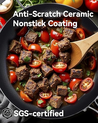 Miniatura 4 de Sartén híbrida de acero inoxidable antiadherente de 12 pulgadas, con tapa y mango auxiliar, sartén compatible con inducción, apto para lavavajillas,