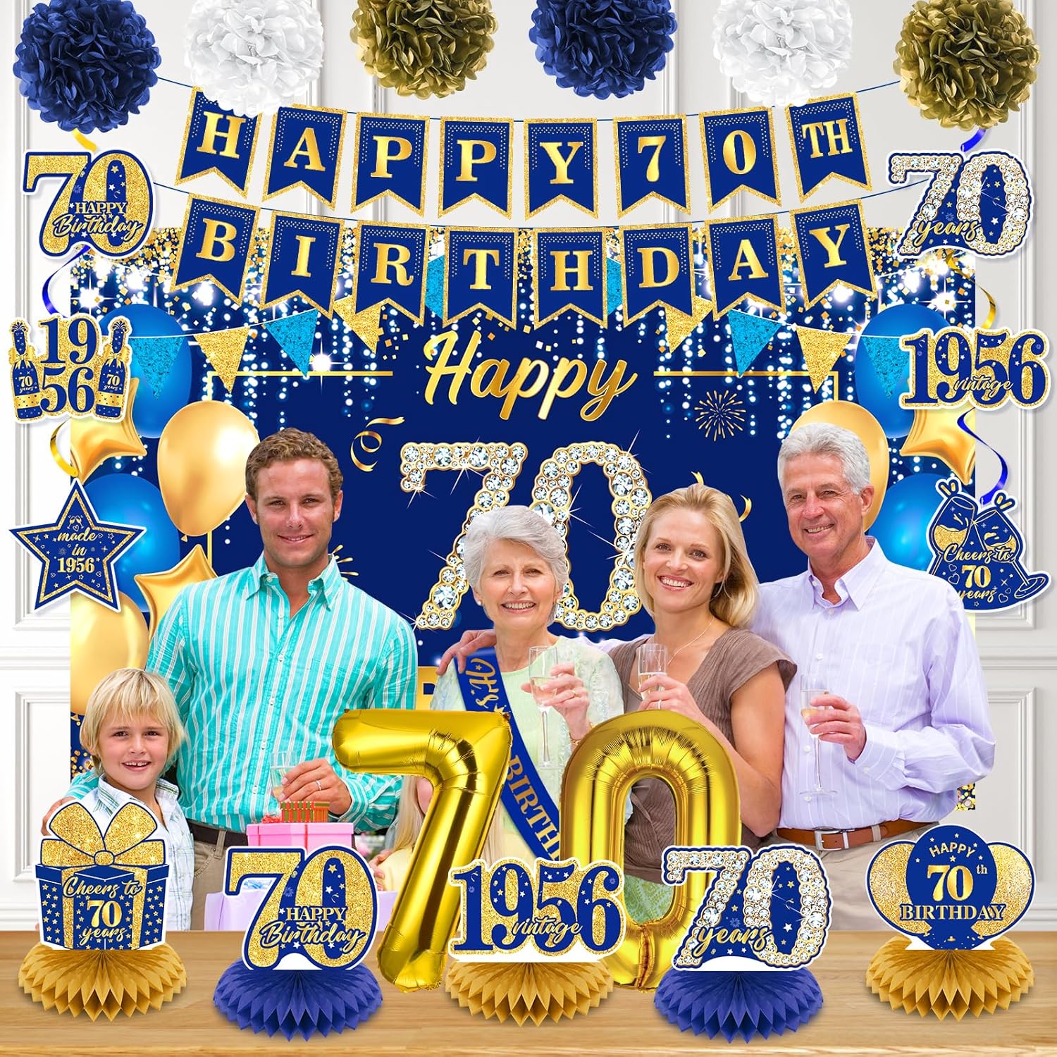 Navy Blue Gold 70th Birthday Decorations for Women Men Happy 70th Birthday Banner Vintage 1956 Honeycomb Centerpiece Hanging Swirls Sash Paper Pompoms Decor for 70 Years Old Anniversary Party Supplies