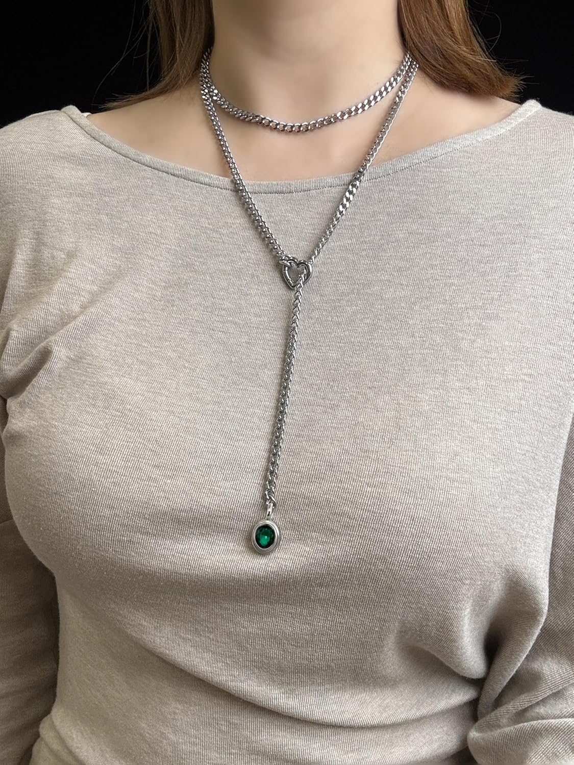 Heart Slip Chain Necklace for Women, 39 Inch Cuban Chain, Removable Heart O-Ring, Crystal Pendant, Adjustable Stainless Steel Y-Necklace - Image 2