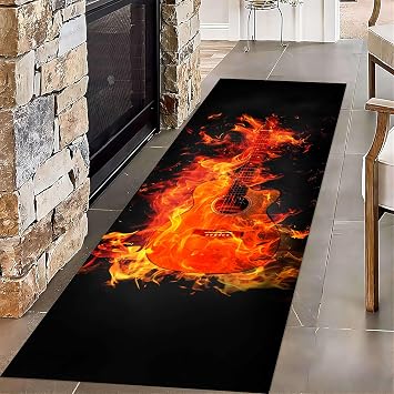 Black 4x10ft Soft Flame Electric Guitar Pattern Runner Rug, Music Room Guitar Rug Perfect for Hallway Bedroom Apartment Dining Room, Stylish and Versatile Modern Home Decor