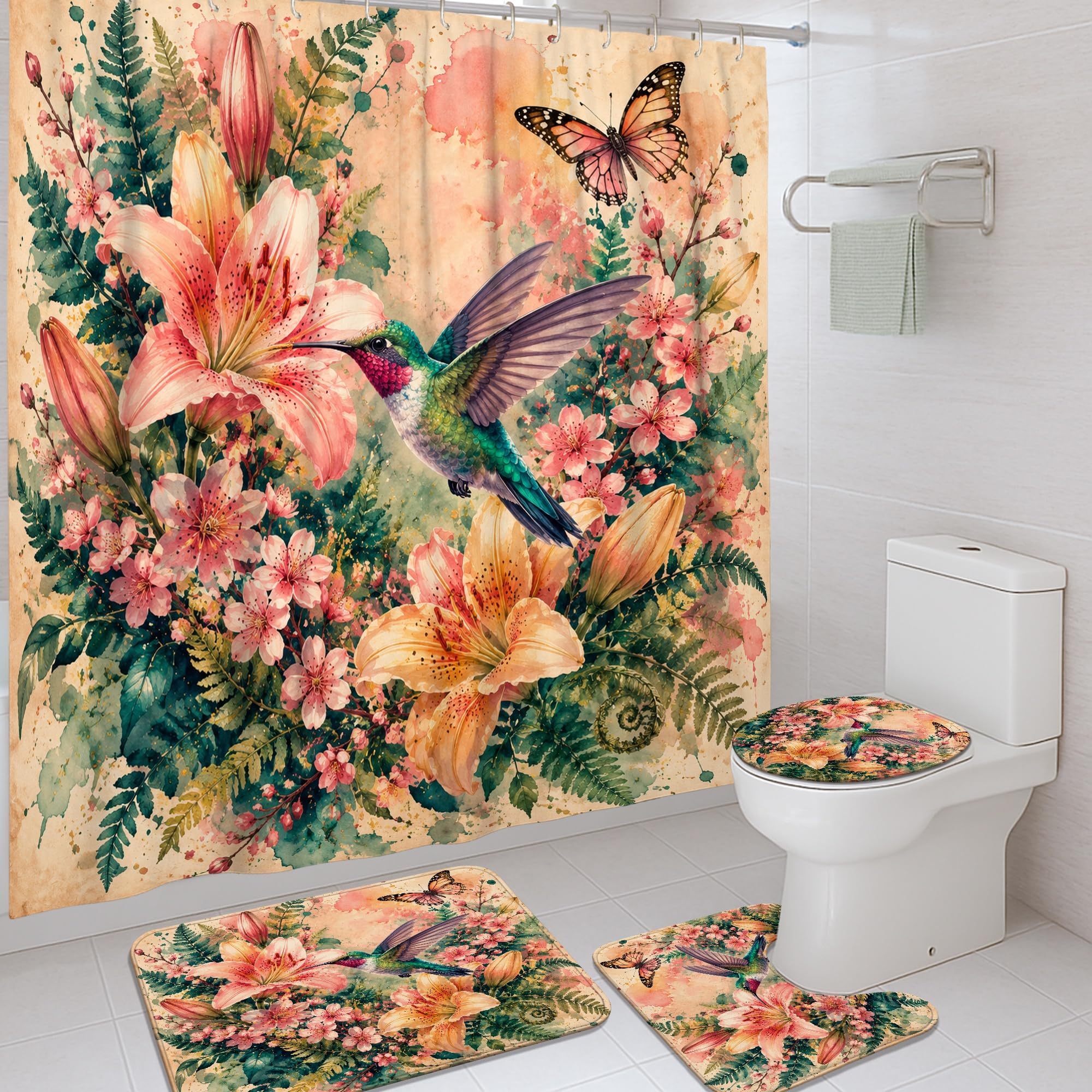 Rideau de douche colibri anti-moisissure et tapis lavable