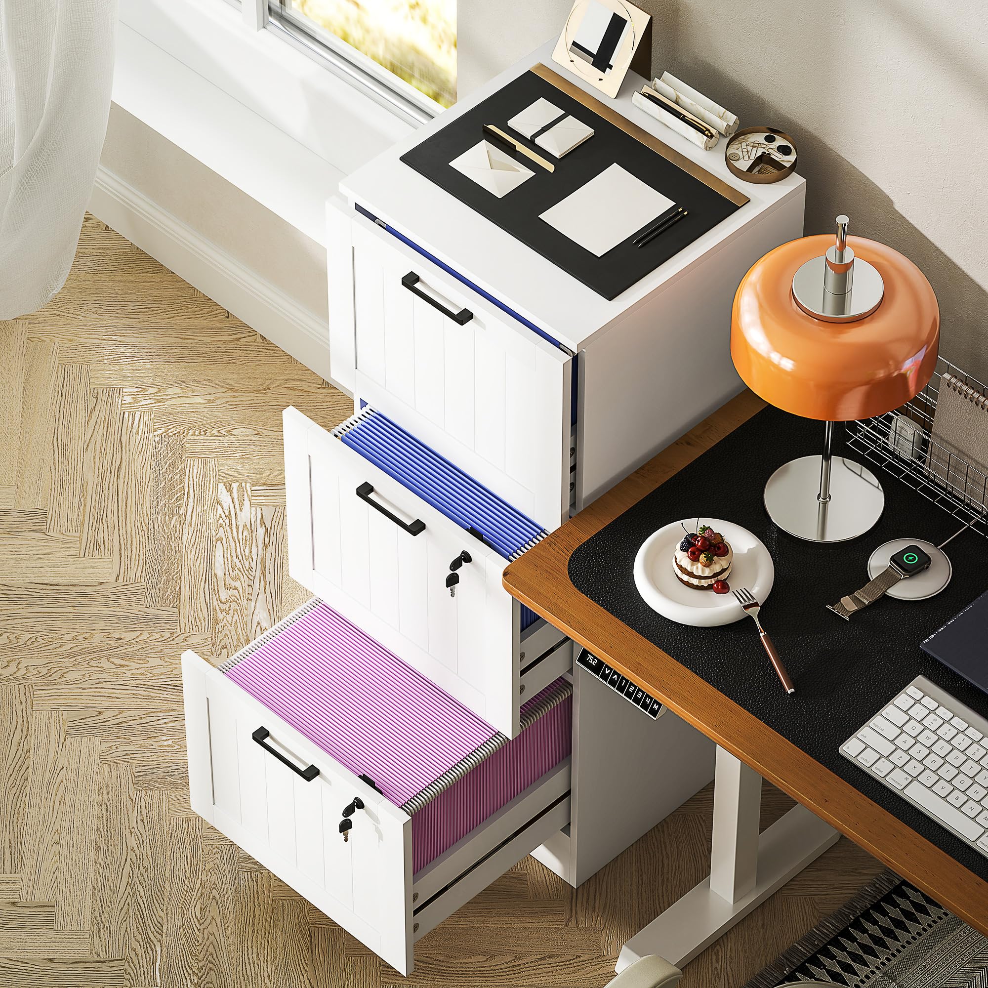 HOMCOM Cassettiera da scrivania con 3 cassetti e serrature, mobile per ufficio con barre di sospensione regolabili per documenti, cassettiera compatta per ufficio o camera da letto, 40x40x101 cm