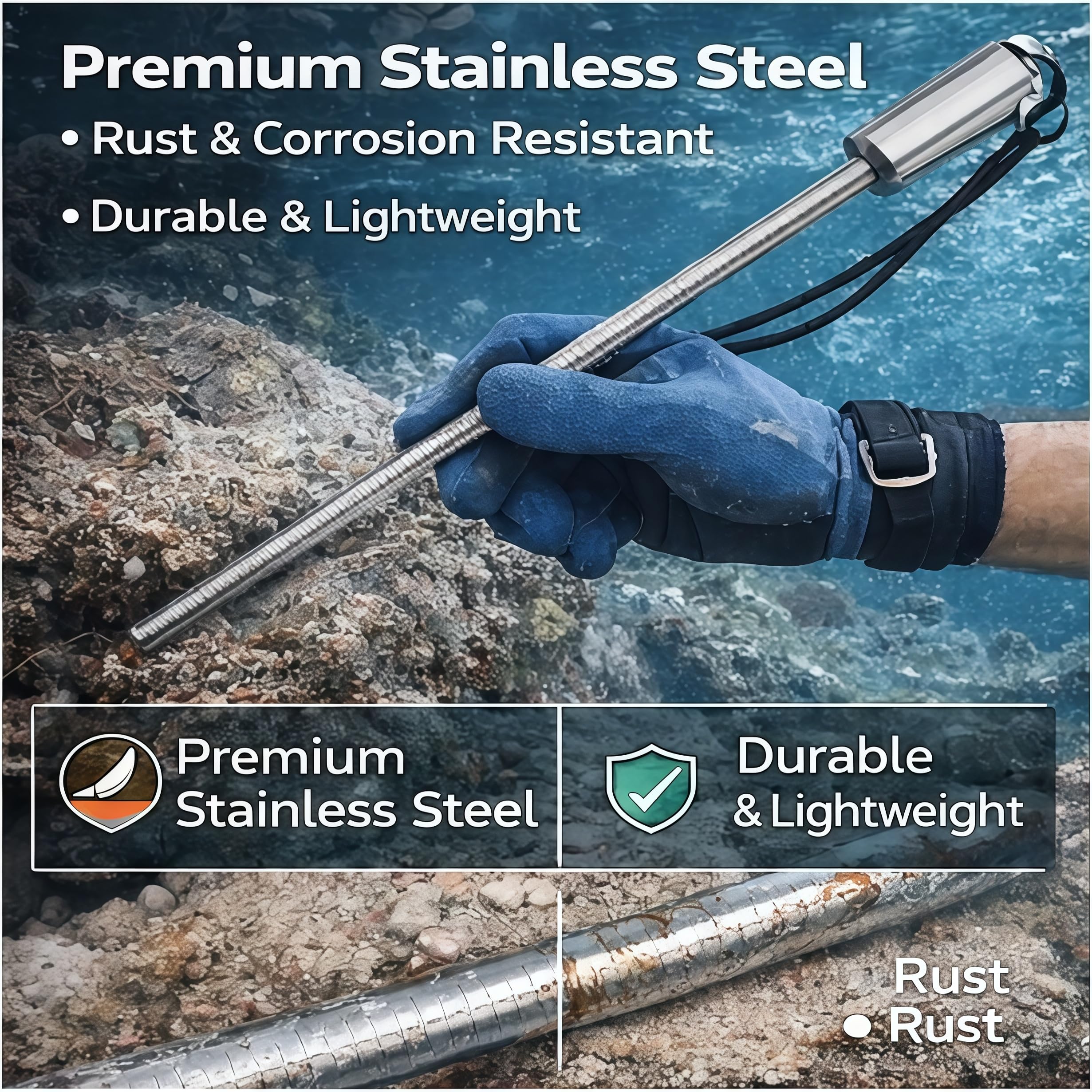 plplaaoo Baguette de plongée en acier inoxydable - Échelle sous-marine - Accessoires avec cordon orange pour la plongée et la plongée avec tuba - En alliage d'aluminium léger et portable - 30