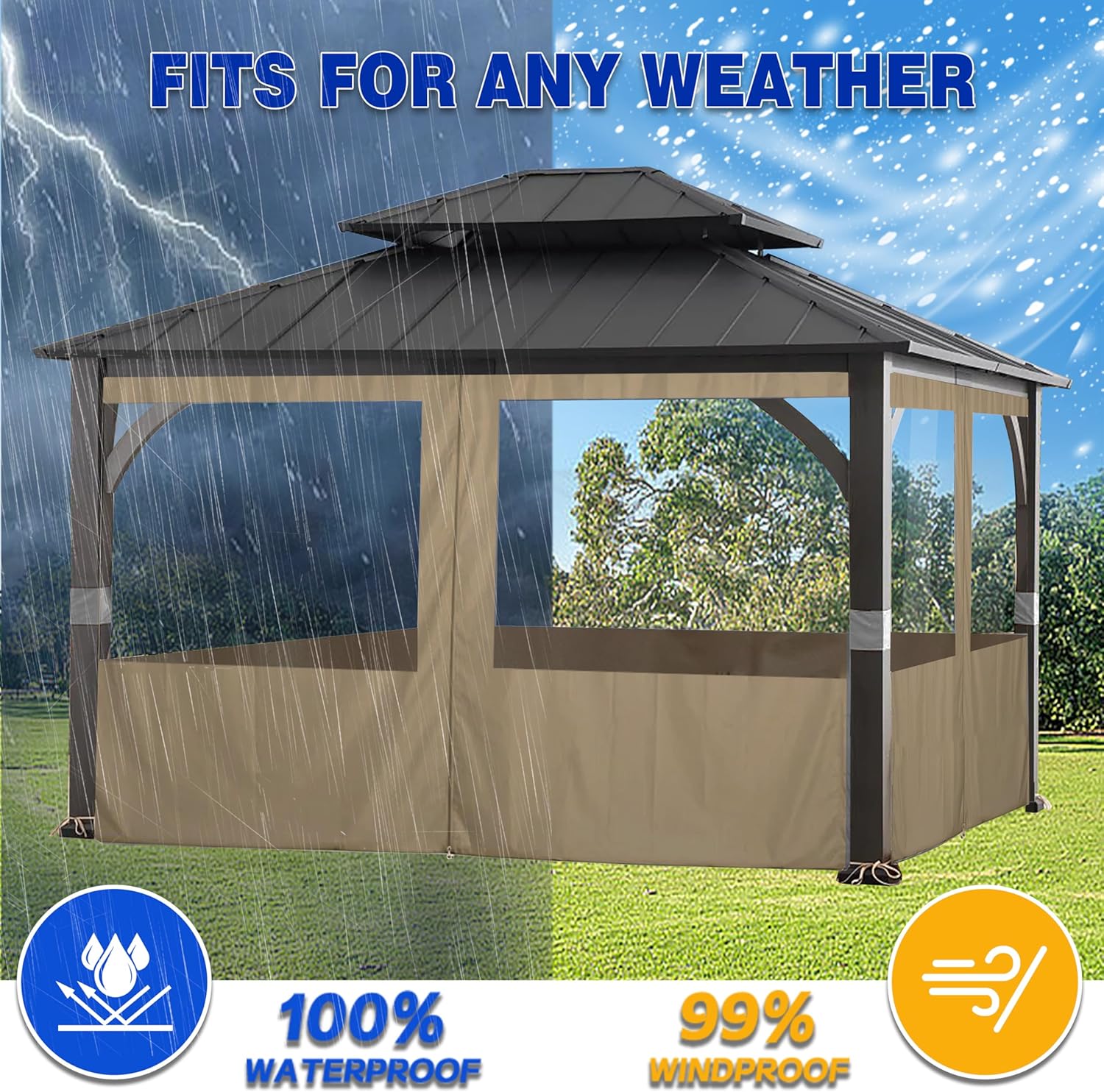 SCOCANOPY Clear Window Gazebo Privacy Curtain Set Fit for Big Lots 10X12 Ft Eagle Brooke Soft Top Gazebo Model A101007600, A101007603, A101007604,(Khaki)