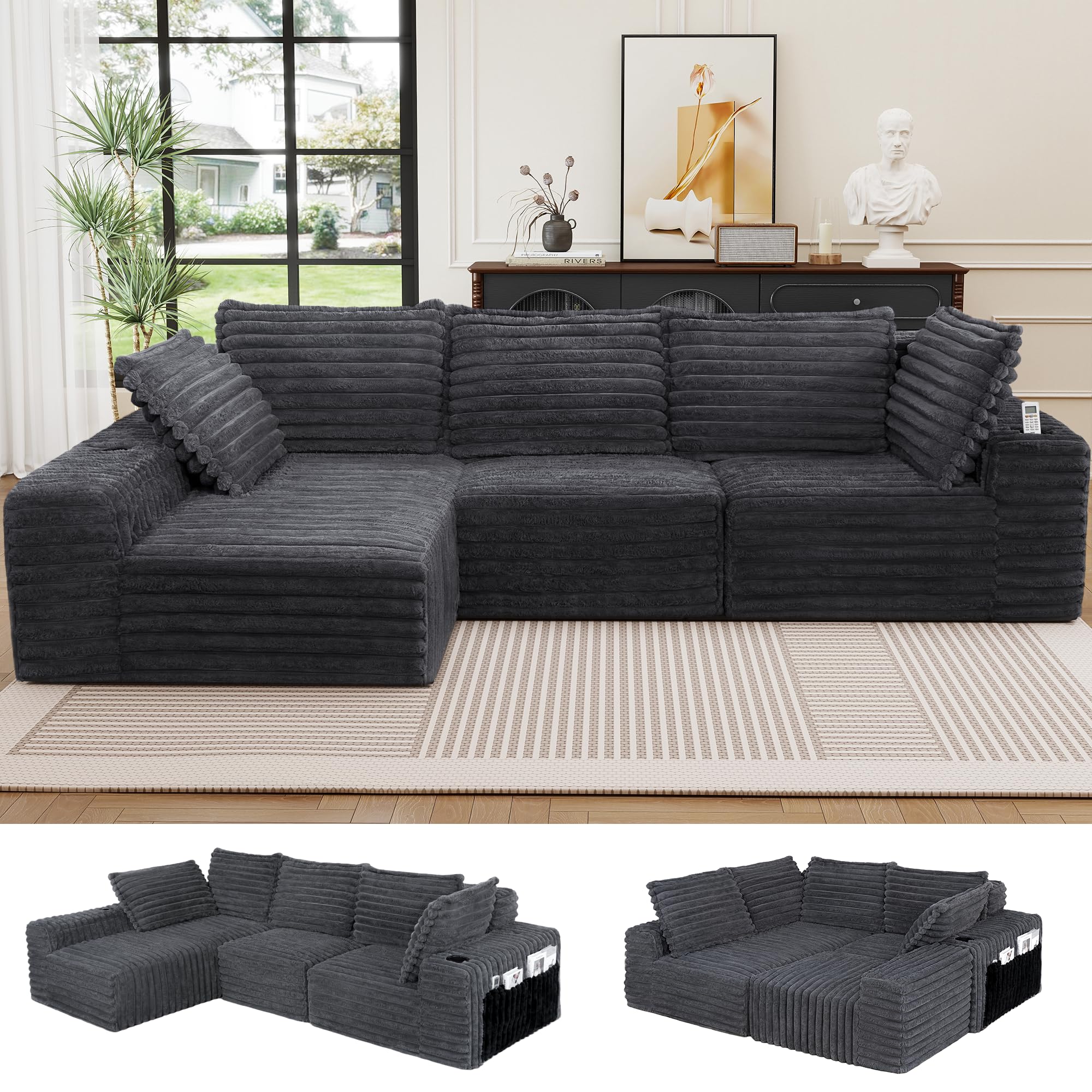 Sofa mit Schlaffunktion 280cm Breit L-förm Ecksofa mit Corduroy Fabric Modulares Cloud-Sofa mit 5 Kissen Boneless Couch mit USB-Ladeanschluss Schlafsofa für Schlafzimmer, Wohnzimmer (Grau)