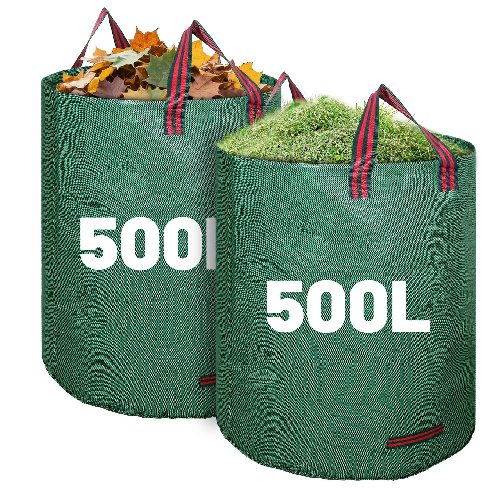 Dntorx Gartensack 2x500L, Stabiler Gartenabfallsack mit Griffen Selbststehend Laubsack Wasserdicht Faltbar Wiederverwendbar aus Polypropylen-Gewebe 150GSM für Grünschnitt Gras Laub Gartenabfälle