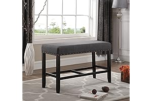 Roundhill Furniture Biony Fabric Counter Height Bench with Nailhead Trim, Grey
