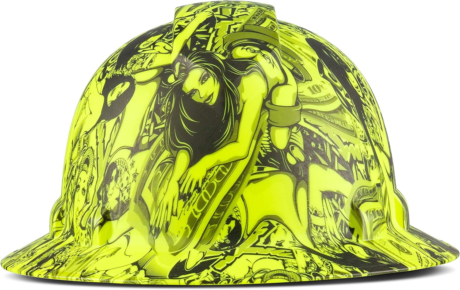 Flash Deals - 70% OFF Full Brim Customized Ridgeline Hi Vis Lime Hard Hat, Custom Money And Honeys Design Safety Helmet, With 6 Point Suspension & Chin Strap, By Acerpal