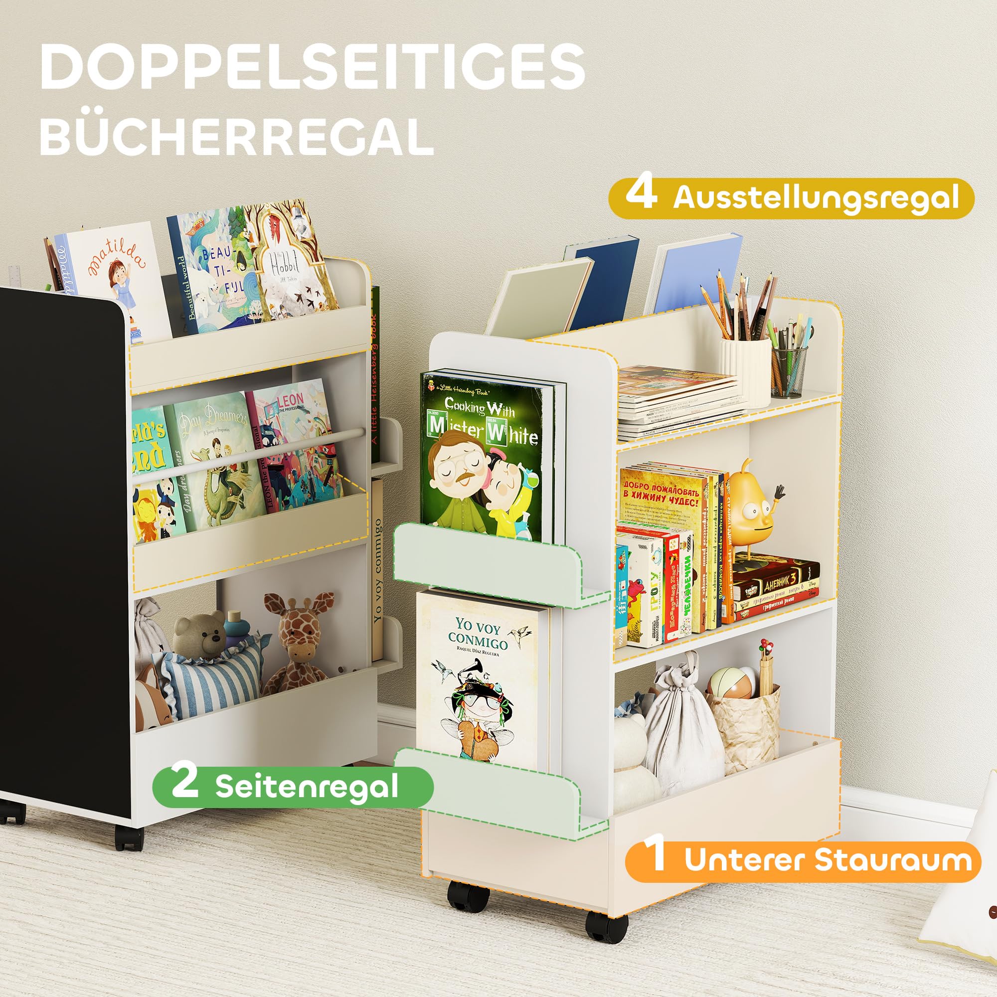 AIYAPLAY Kinder Bücherregal 4 Regalen für 3–8 Jahre 66,5x32,5x86,5 cm Weiß