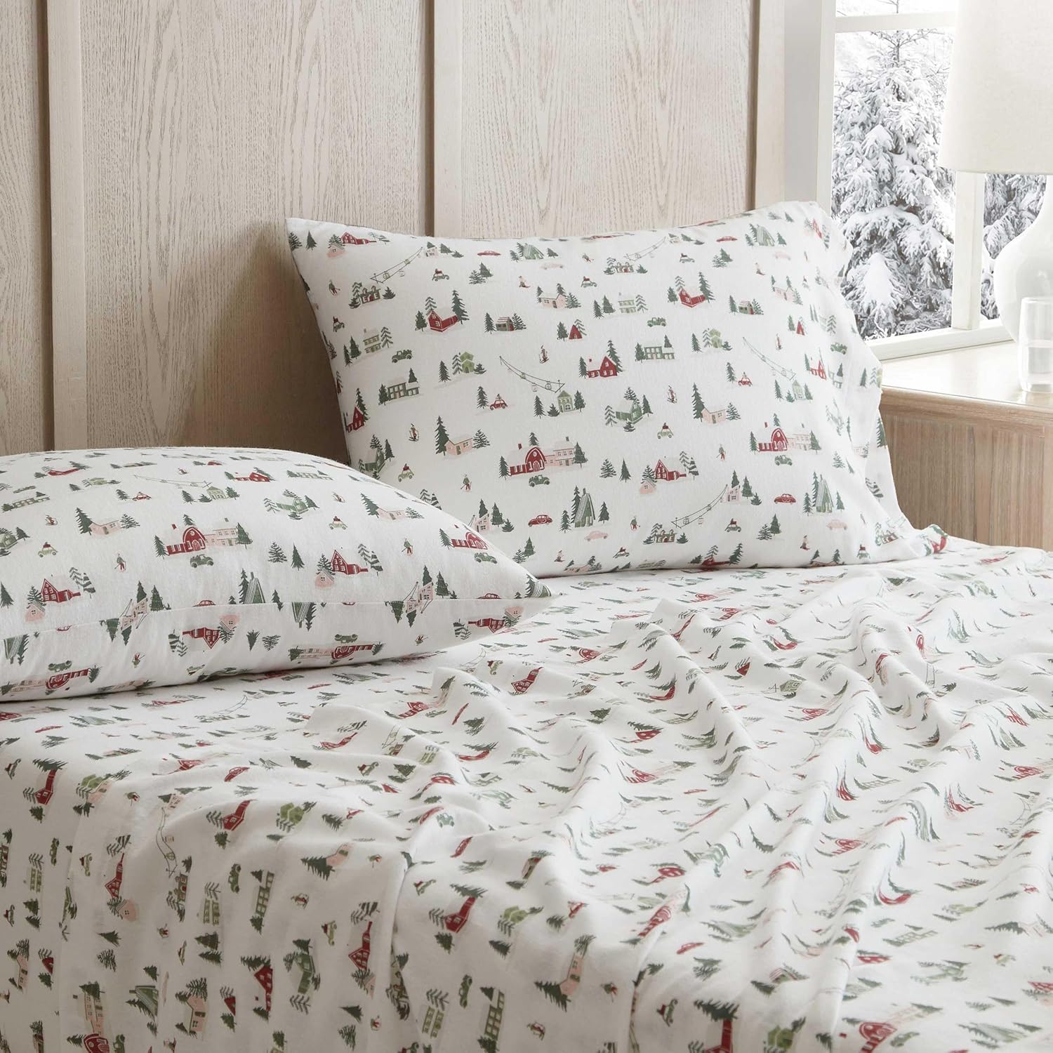 Martha Stewart - Flannel Sheets Queen Size, Anti-Pilling & Wrinkle Resistant Cotton, Touchably Soft for All-Season Comfort - Bed Sheets with Matching Pillowcases & Fitted Sheet (Ski Village Green)