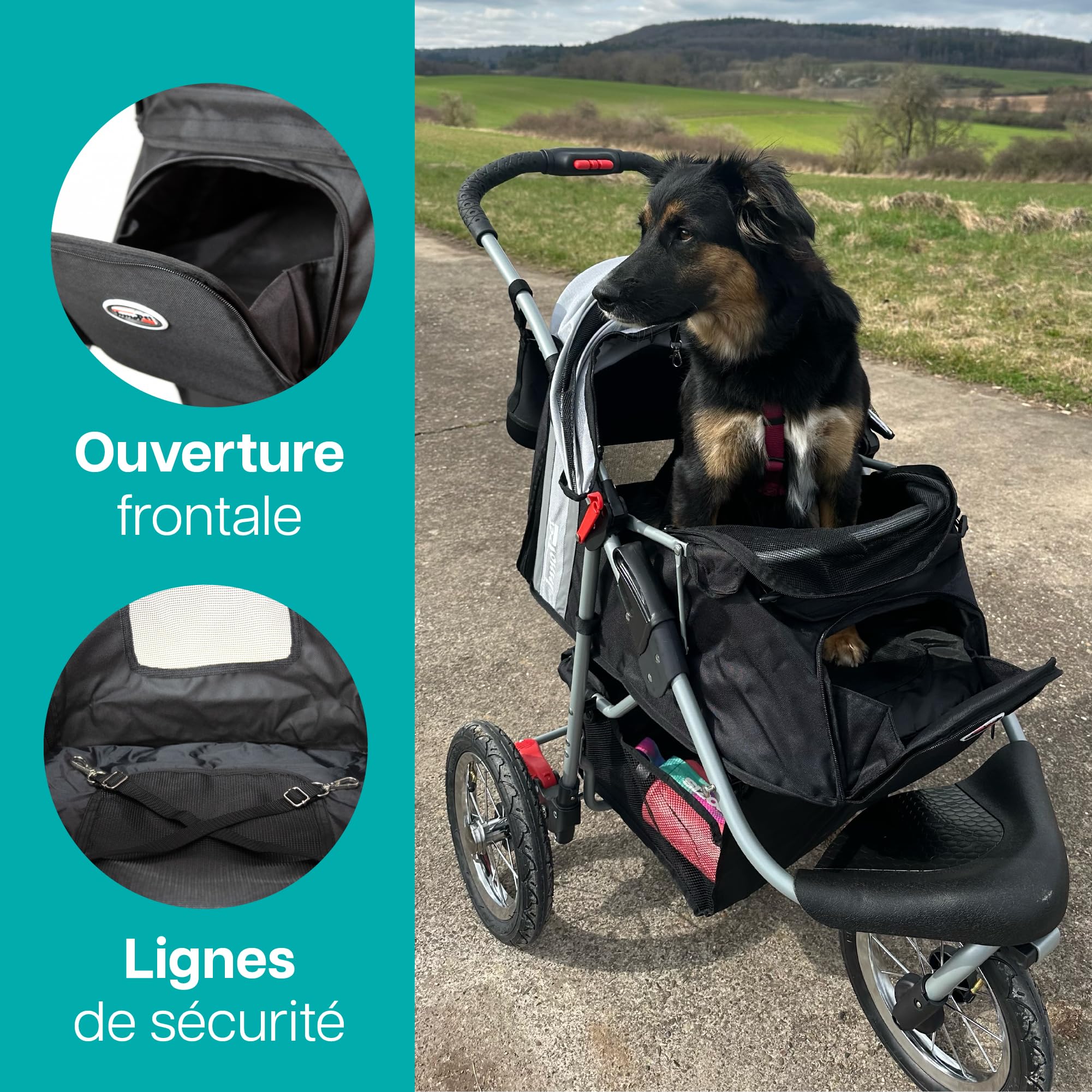 Poussette Innopet Comfort Air Eco pour chiens et chats, noir/argent - Avec pneus pneumatiques de 12 pouces - Pliable d'une seule main - Organiseur de rangement - Tissu en nylon recyclé