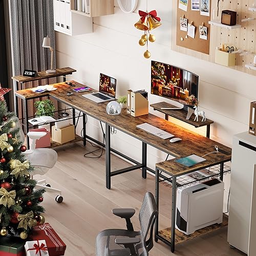 Miniatura 3 de Bestier Escritorio en forma de L de 58 L con tomas de corriente, escritorio esquinero para oficina en casa con estantes reversibles y luces LED,