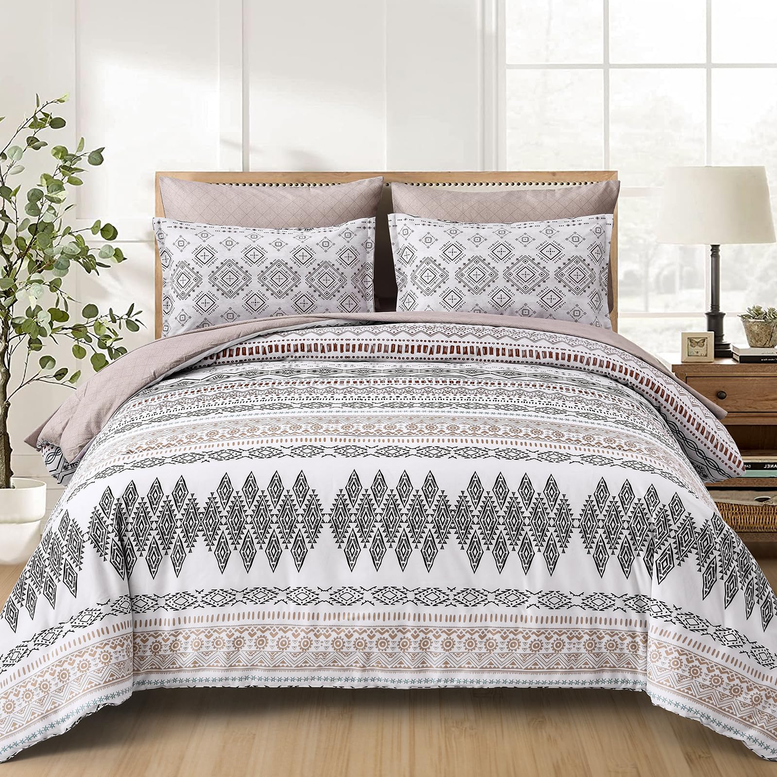 Photo 1 of Boho Comforter Set Queen Size 7 Pieces Bed in a Bag, Khaki Geometric Aztec Reversible Comforter, Soft Microfiber Bohemian Bedding Set with Comforter, Sheets, Pillowcases & Shams