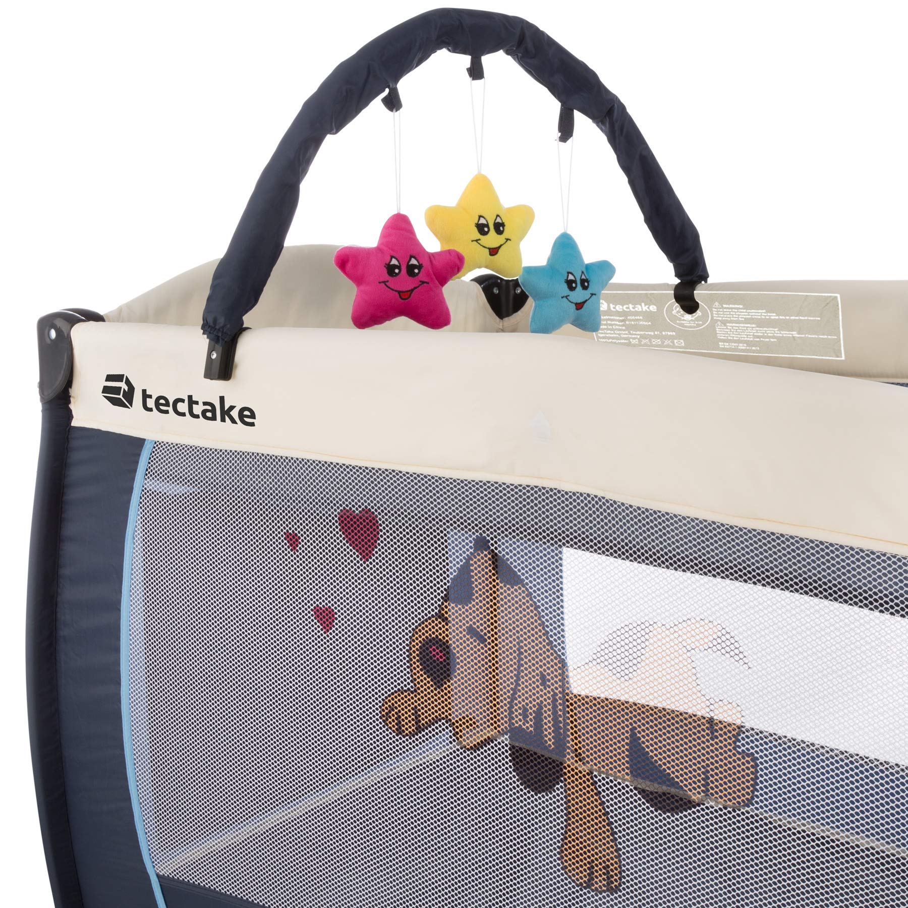 tectake® Cuna Bebe Plegable y Ajustable, Parque Infantil con Corralito y Bolsa de Transporte, Cama Infantil Portátil, Corral para Bebe - 132 x 75 x 104 cm Diseño Tigre Azul