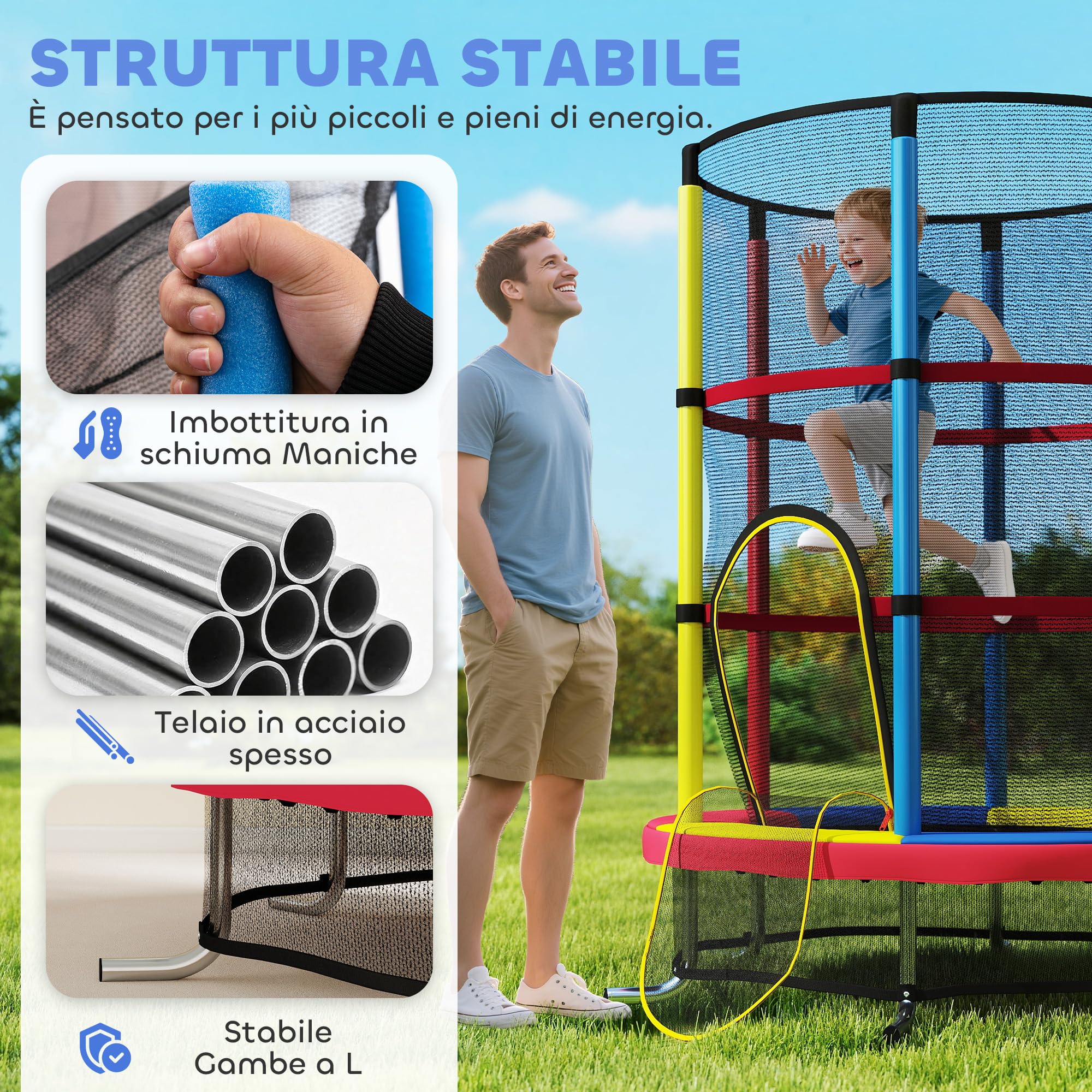 HOMCOM Trampolino per Bambini 3-6 Anni con Rete di Sicurezza, Tappeto Elastico Senza Molle con Gambe a L, per Interno ed Esterno, Ø160x190 cm, Multicolore