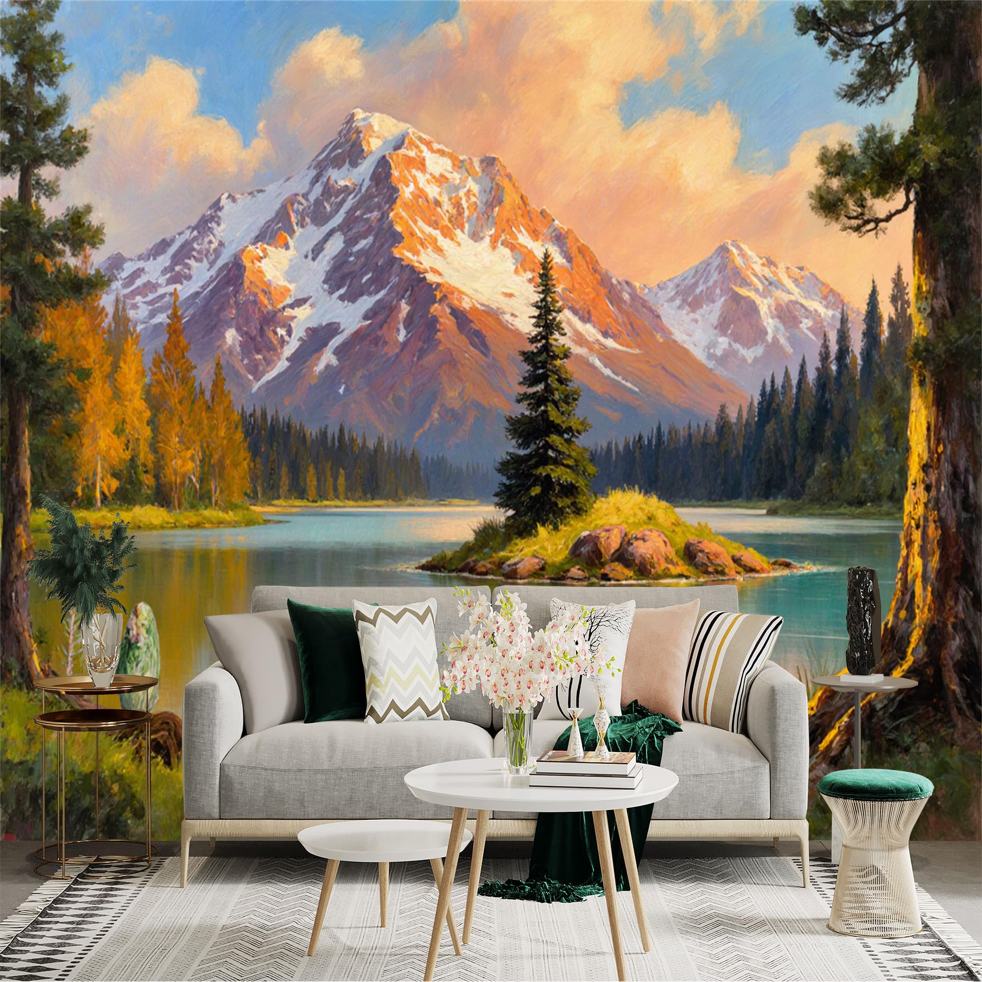 Custom Size Wall Sticker Mural， Snow Capped Mountain Peak with Pine Forest， Serene Lake Landscape， Golden Sunset Glow， for wall Decoration， peelandstick wall Decals.