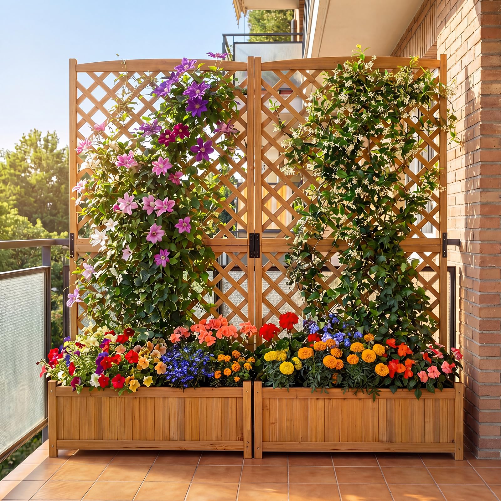 COSTWAY Fioriera da Esterno con Grigliato, Letto Rialzato in Legno con Traliccio e Fori di Drenaggio, Aiuola Rialzata per Piante Rampicanti e Fiori, 90 x 45 x 180,5 cm (Arancione)