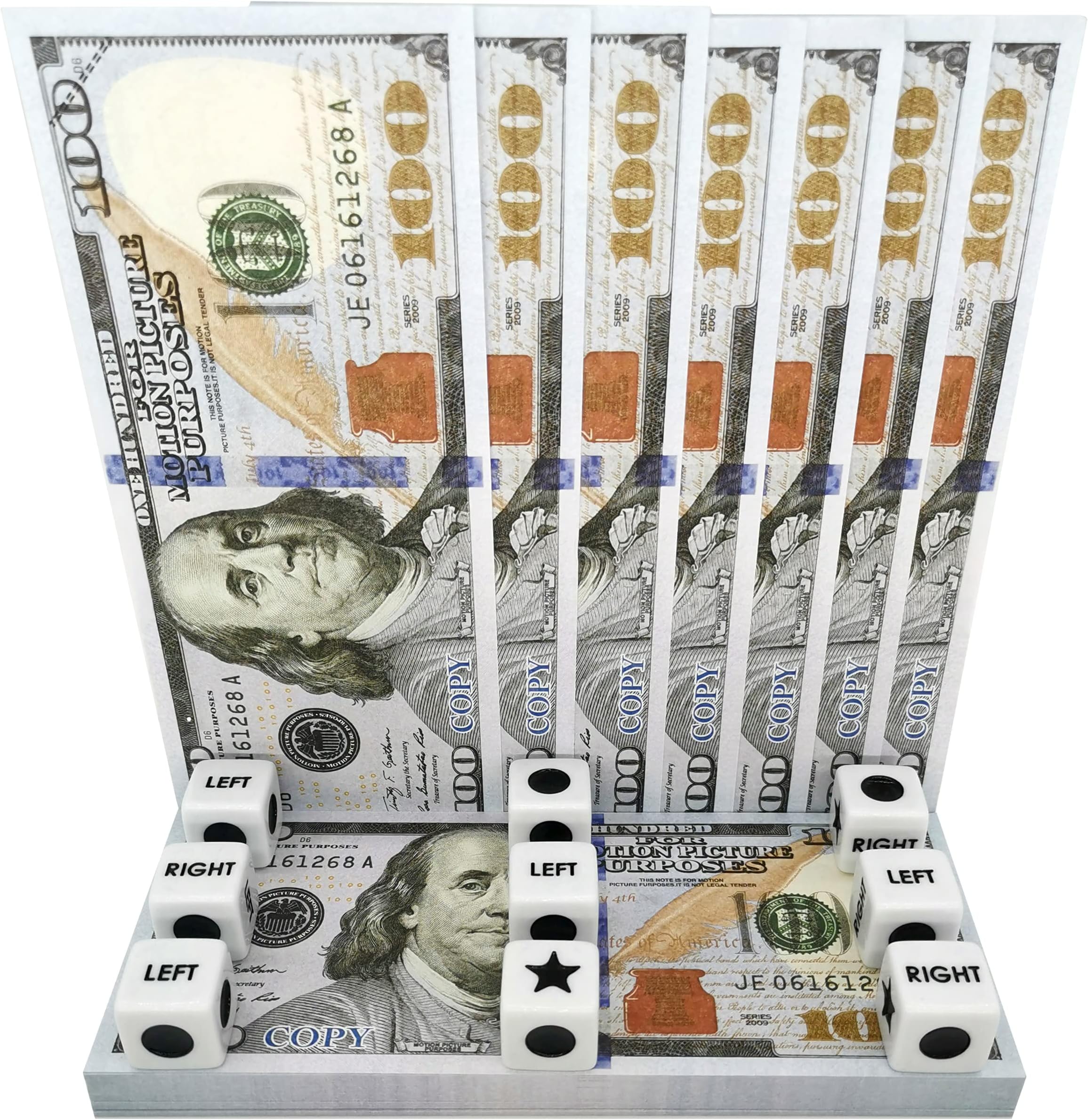 Left Right Center dice Game Prime Set，3 Sets in Total, Each Set Contains 3 Dices+33 Chips（Game Prop Dollar are The Chips.）