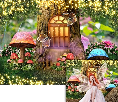 Vinilo de 7 x 5 pies, diseño de hongos del bosque encantado, casa de árbol de cuento de hadas, tema de cumpleaños, decoración perfecta para fiesta,