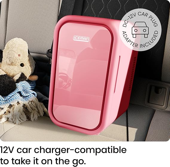 Iceman Portable Mini Fridge Fits 8 x 12 oz Cans, Cooler and Heater Mini Fridge for Bedroom, Car, Office, Dorm and Skincare, AC/DC Car Plug-Compatible - Pink