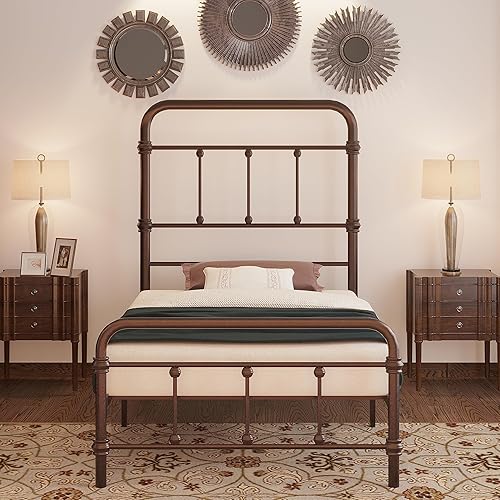 Miniatura 4 de Marco para cama individual, estilo vintage, granja, 49 pulgadas de alto, de hierro, base de colchón con plataforma, no necesita somier (bronce